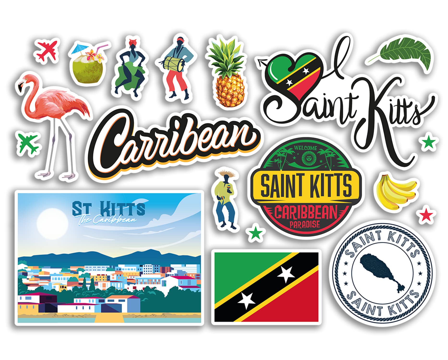 Dv Design Multi A5 Sticker Sheet Saint Kitts Landmarks Vinyl Stickers - St Caribbean Beach Summer Tropical Coast Flamingo Airport Stamps Skyline Flag Map Travel Holiday Scrapbooking Luggage #79216