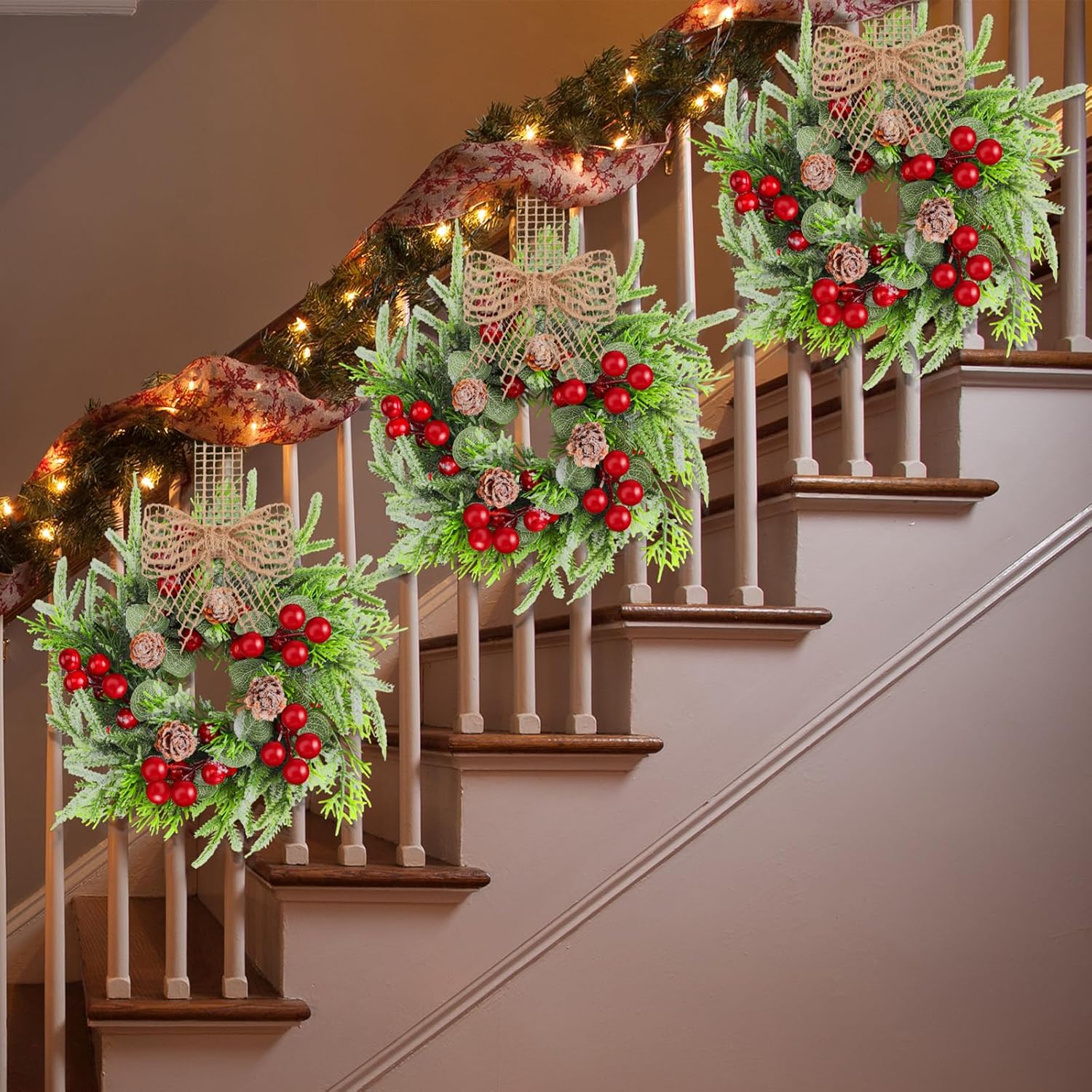Dingion 12 Pcs Small Christmas Wreaths for Cabinet Kitchen Decor Mini Artificial Wreath 9 Inch Faux Garland with Burlap Ribbon for Vintage Retro Home Table Candle Porch Window Indoor Outdoor Decor