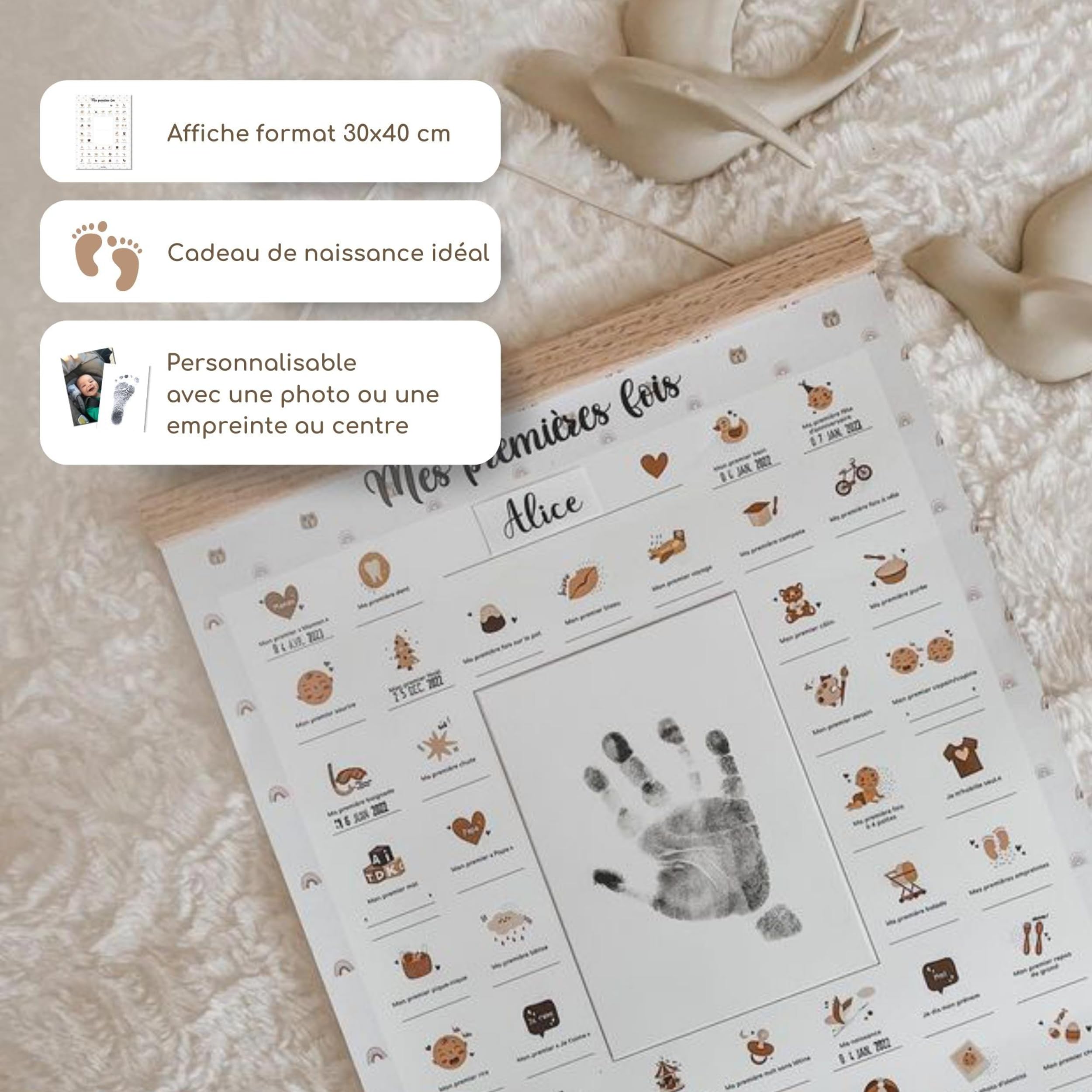 Keep'Love Confezione poster Le mie prime volteda timbrare + timbro datario + bacchette di sospensione Regalo di nascita, decorazione per la camera dei