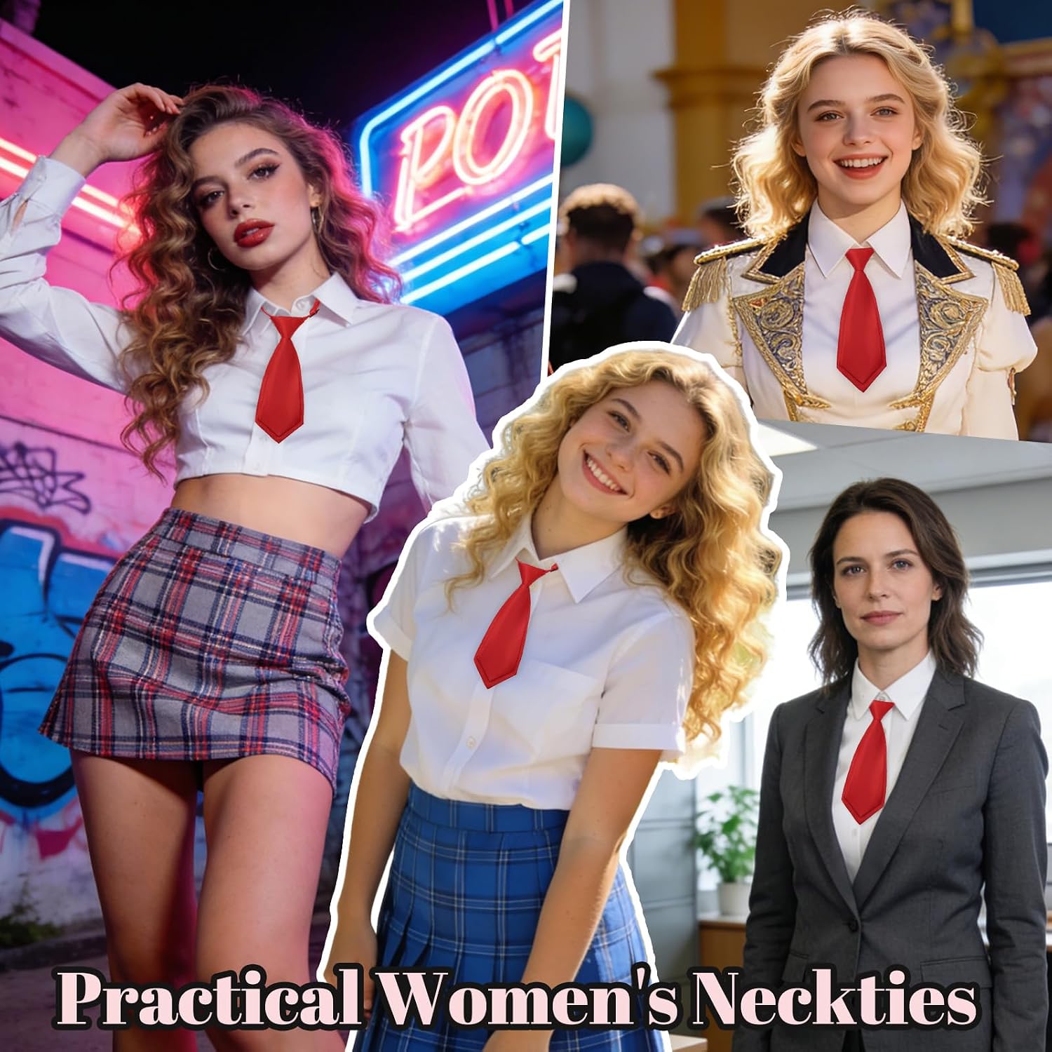 Short Ties for Women, Adjustable Solid Color Womens Tie Pre-Tied Uniforms Neckties for School Cosplay Office Daily
