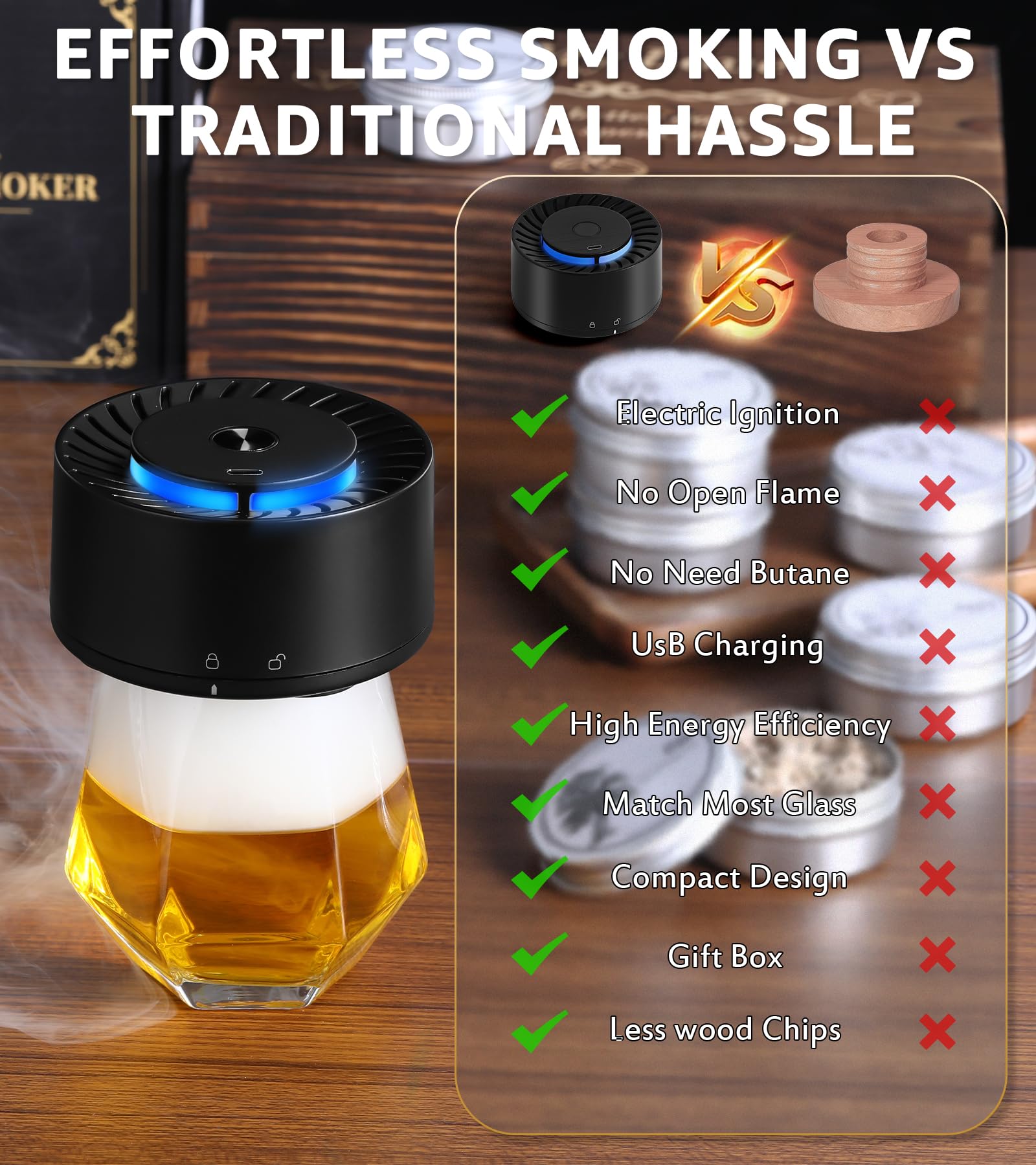Kit affumicatore elettrico per whisky, con luce LED e 6 trucioli di legno, senza bisogno di butano, kit per affumicatore per cocktail, kit per affumicatore di bevande vecchio stile, regalo di