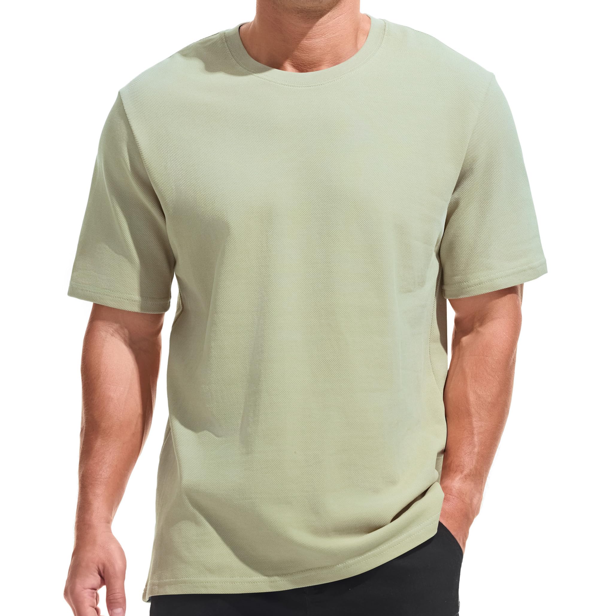 VEIISAR Men's Heavy Weight Crew Neck 100 Cotton Pique Thick T-Shirt