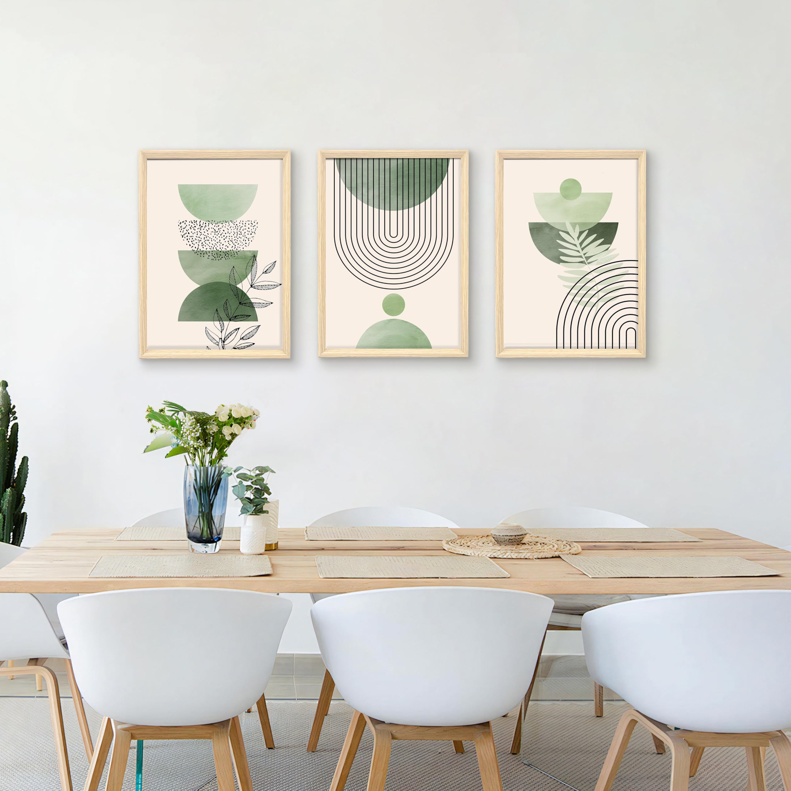3 Pcs Wooden Framed Canvas Wall Art Set Bohemian Sage Green Canvas Prints Poster Geometric Line Beige Green Pictures for Living Room Bedroom Dinning Room Hallway Stairs Wall Decor 30x40cm x3pcs — view 392