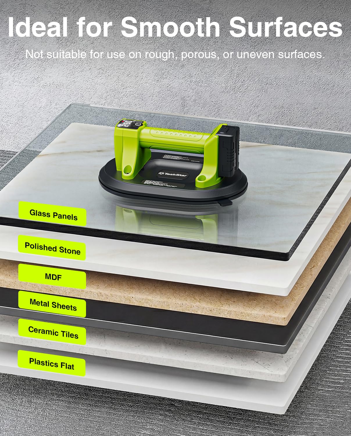 Taskstar Ventosa Elettrica: Ventosa a Batteria da 25cm per Piastrelle con 4x Batteria da 3000mAh - Carico verticale 250 kg - Display LCD, Sollevatore a Vuoto Senza Fili per Piastrelle (Verde)