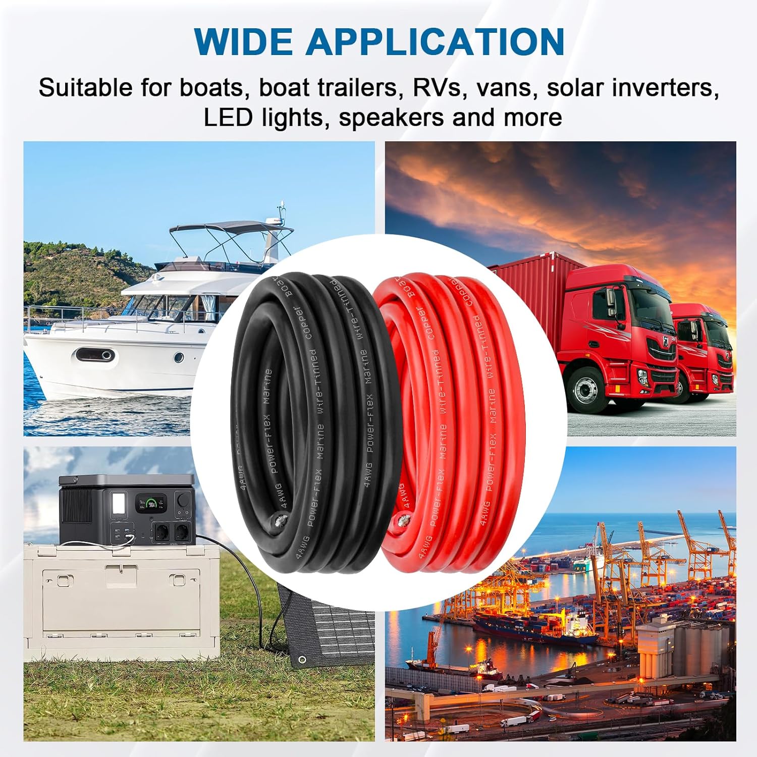 4 Gauge Marine Wire, 4 AWG Tinned Copper Electrical Wire, Boat Cable for Automotive, Solar, Car Audio, Trailer, Camper & Marine Wiring(4 AWG, 5FT Red + 5FT Black)