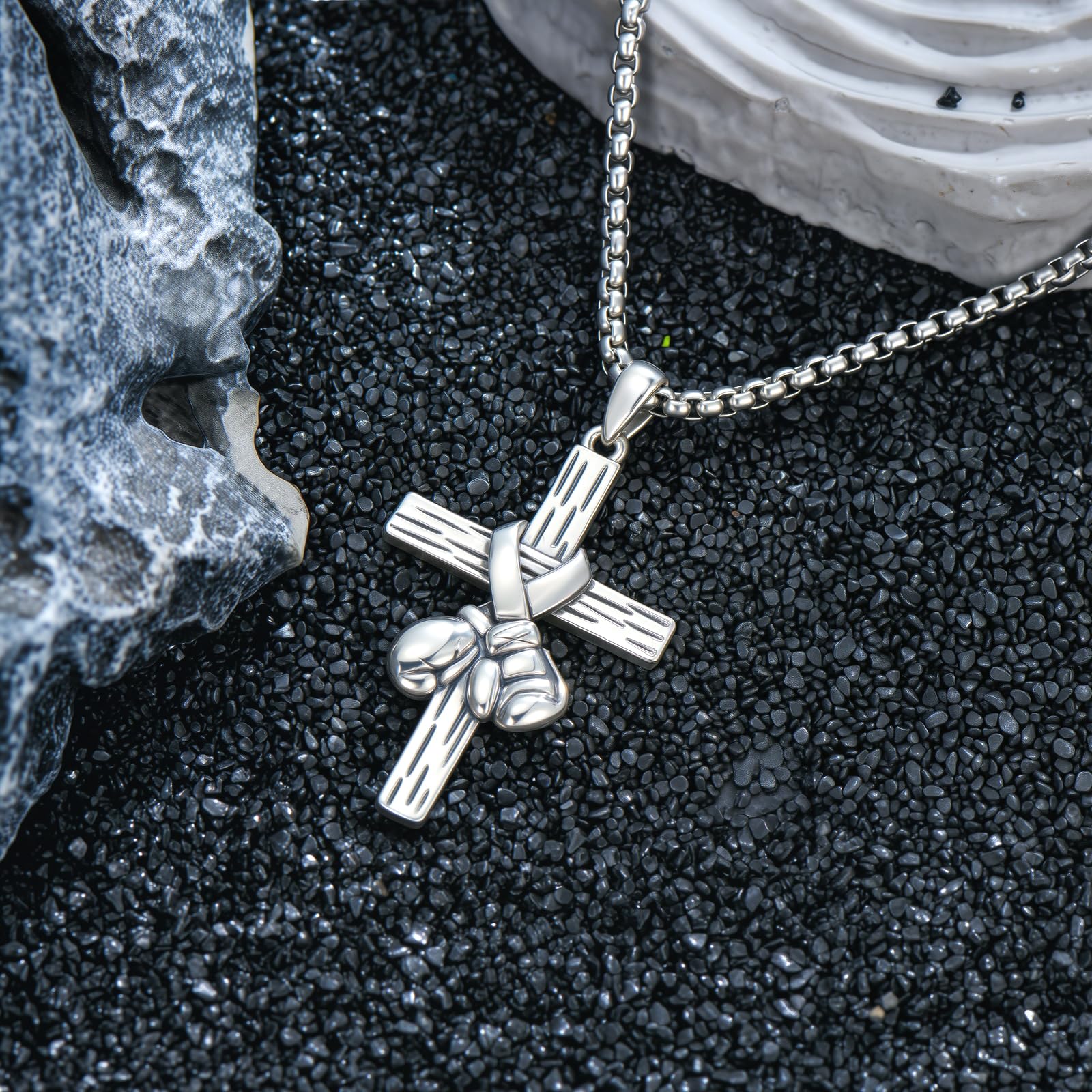 Collana con ciondolo a forma di croce da boxe, in argento Sterling 925, a forma di guantoni da boxe, stile punk, con catena in acciaio inox da 55,9 cm + 5,1 cm