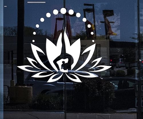 Letrero de ventana para negocios, vinilo para pared, diseño de loto, centro de yoga, logotipo, meditación, calcomanías de pose de niña (2327igw)