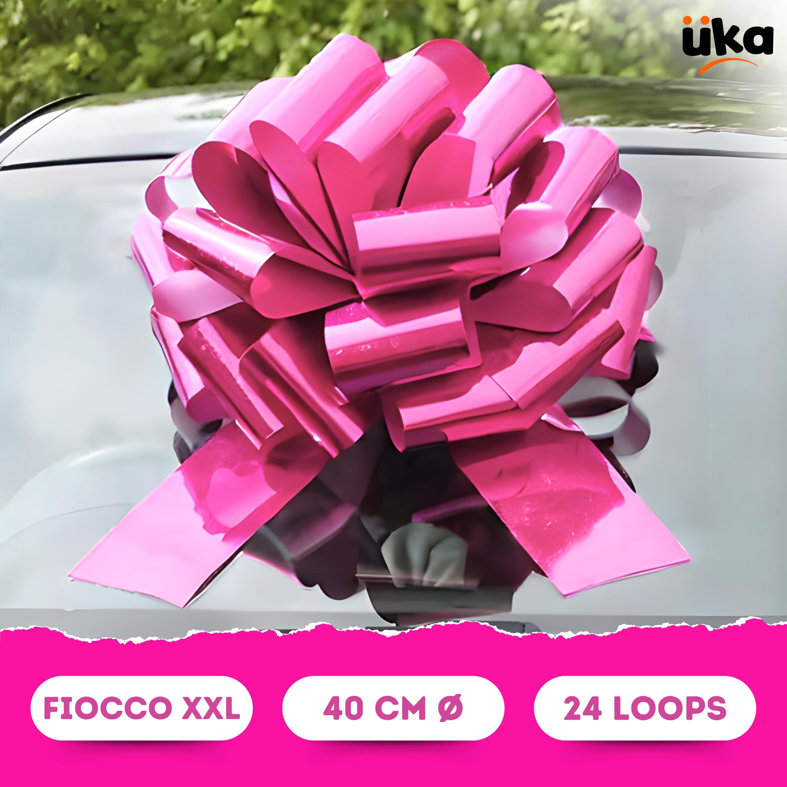 Fiocco Regalo XXL 40 cm Rosa Metallizzato Gigante per Auto Bicilette Elettrodomestici Design Automontante Riutilizzabile