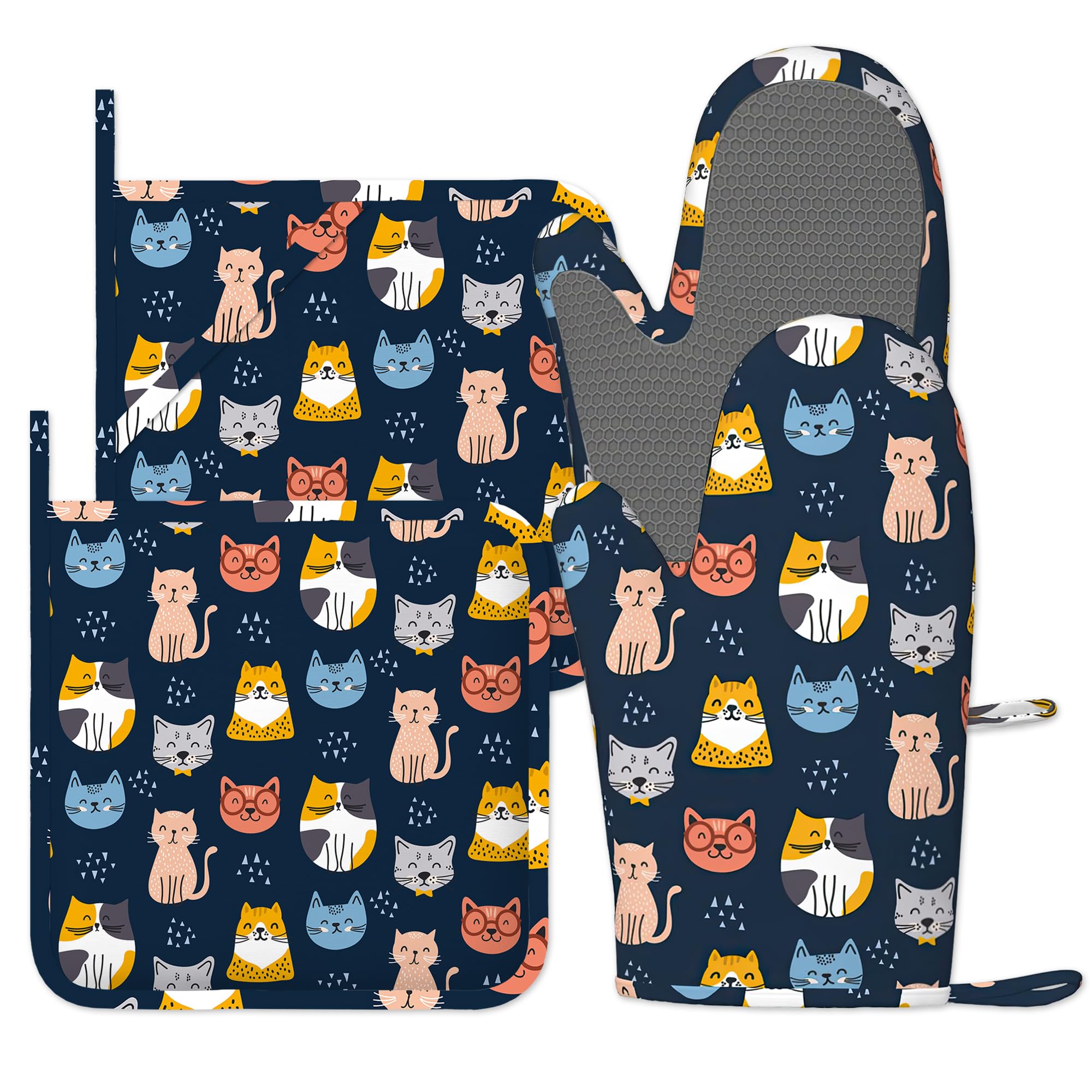 Cute Cats Oven Gloves Silicone Oven Mitts and Pot Holders Sets of 4, Vintage Kitchen Gloves Hot Holders for Kitchen Baking Cooking Housewarming Gifts