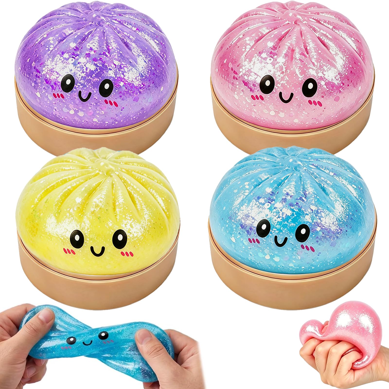 4 Pcs Dumpling Squishy Toy, Giant Glitter Dumplings Squishy, Mystery Dumplings Squishys Fidget Toys for Kids & Adults, Sensory Squishies Stress Ball for Anxiety Relief Home Office