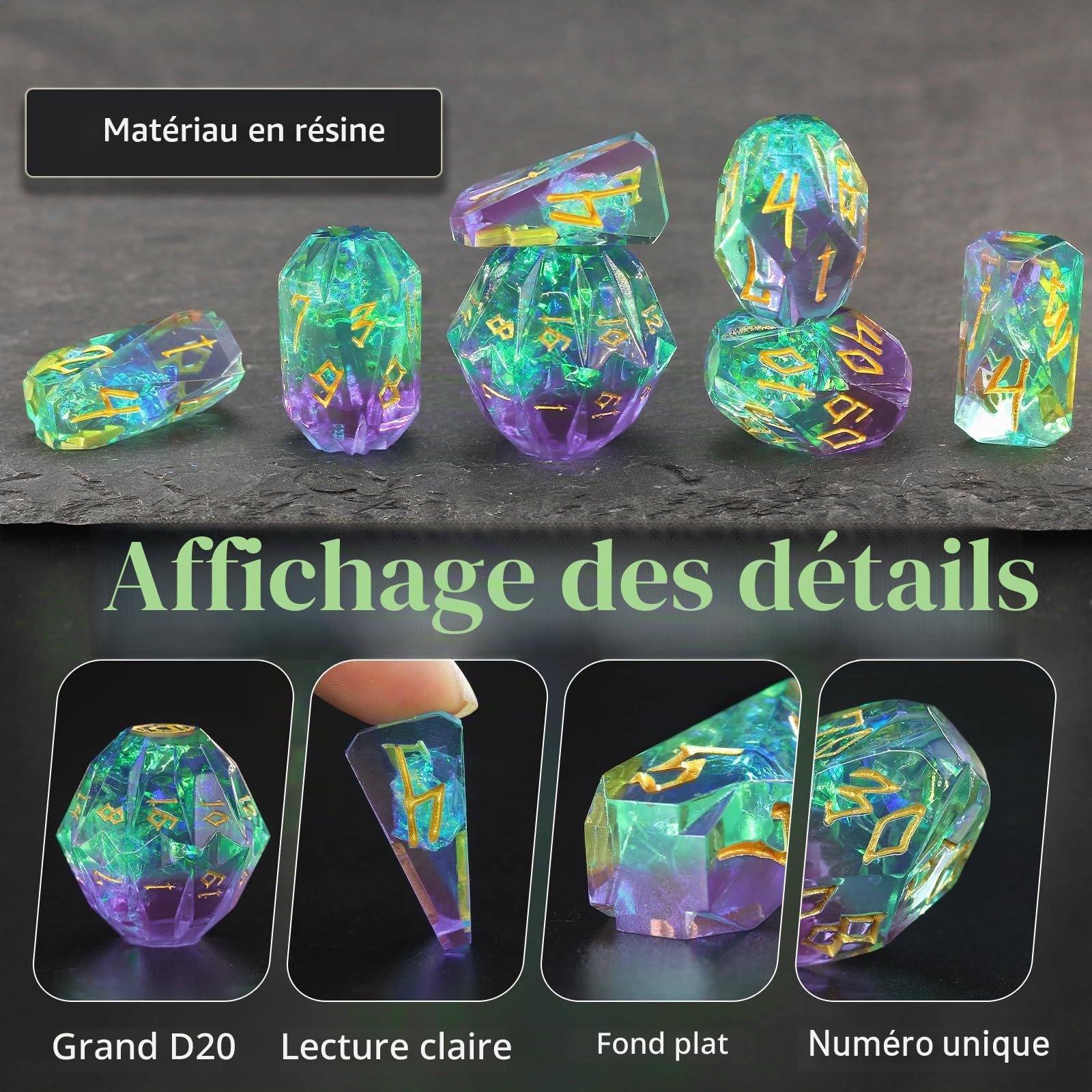 FONVGOGO Dés JDR pour Donjon et Dragon, Set de Dés JDR 7 Pièces des Stonehenge Résine Polyédriques DND Dice Set (Vert et Or)