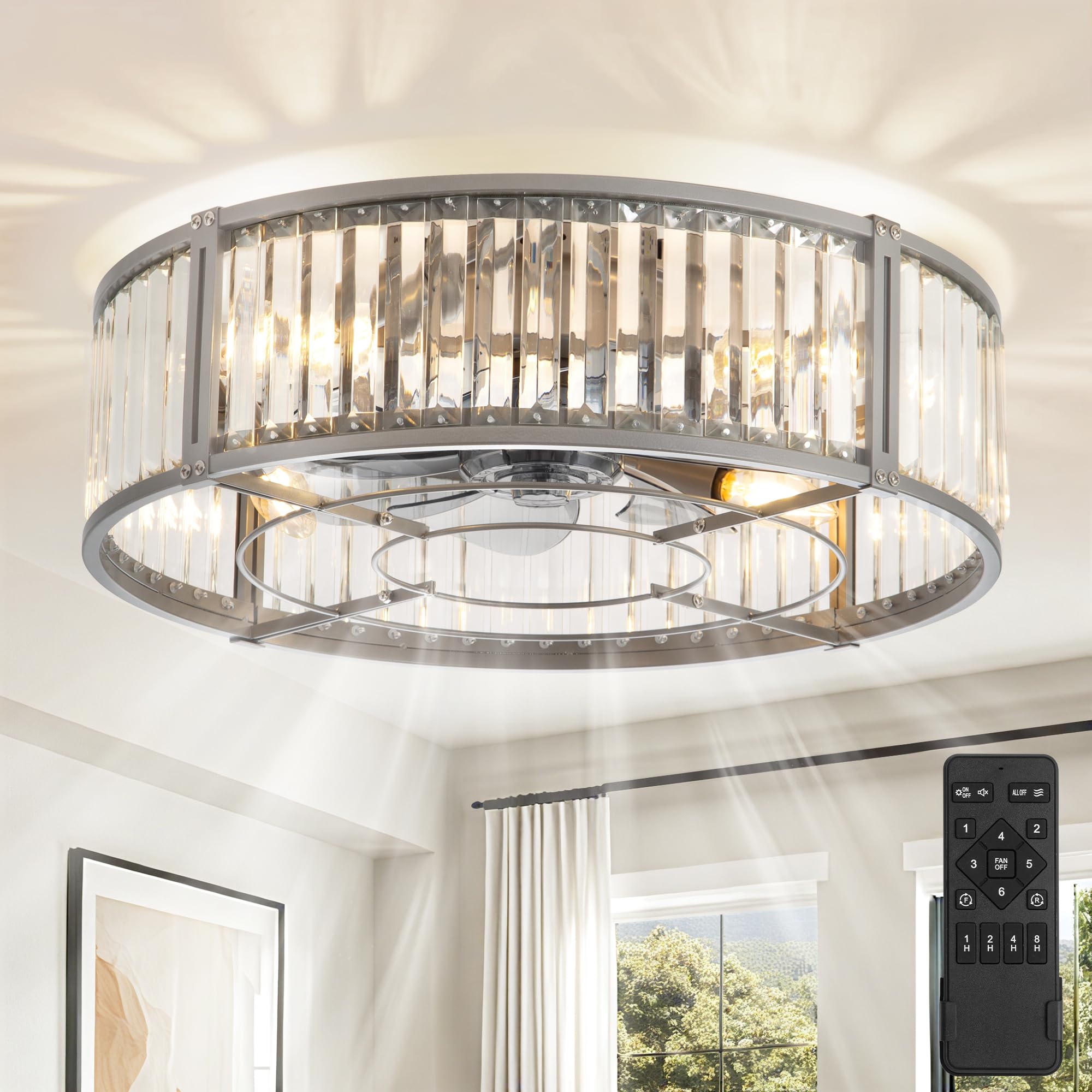 Photo 1 of Glowivia 20 Inch Fandaliers Ceiling Fan, Nickel Crystal Ceiling Fans, Chandelier Fan with Remote, 6-Speeds, 1/2/4/8H Timer, Quiet DC Motor, Small Caged Ceiling Fan for Bedroom, Living Room, Kitchen