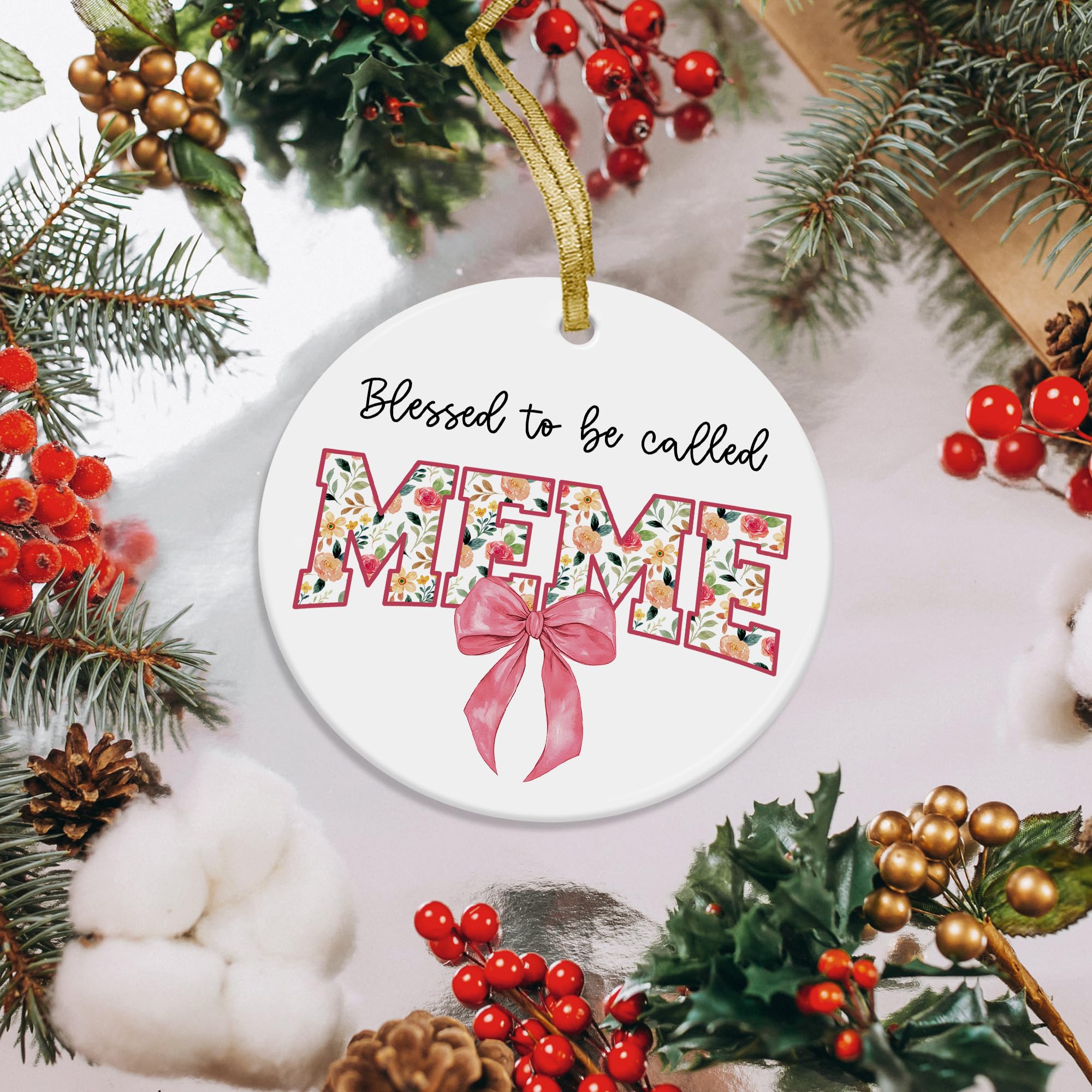 Blessed to Be Called Meme Mothers Day Birthday Christmas Tree Ceramic Ornaments Gifts for Grandma from Grandkids, Grandma Ornaments for Christmas Tree Decorations Gifts for Meme, 3x3Inch