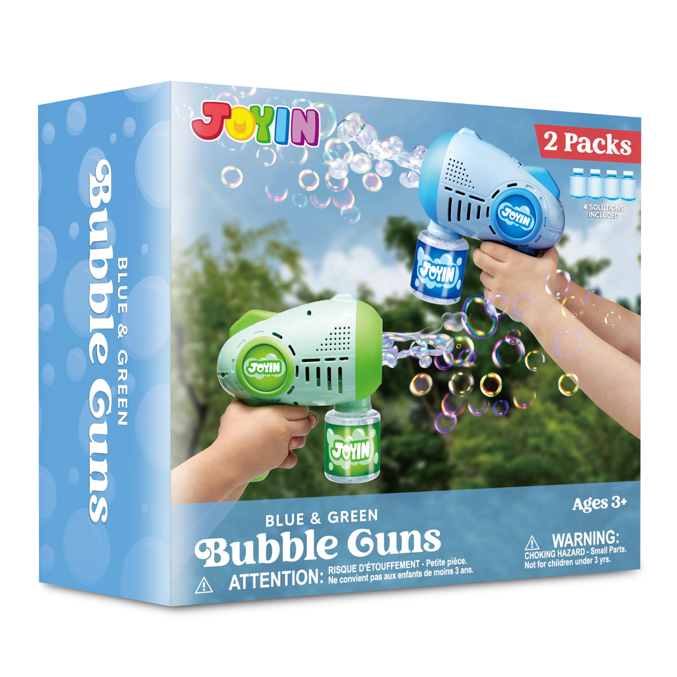 JOYIN 2 pistole a bolle per bambini con 4 bottiglie di soluzione, pistola automatica a bolle con 8 fori per bambini, adulti, giocattoli estivi, regali di Pasqua, regali di compleanno, Verde, Blu
