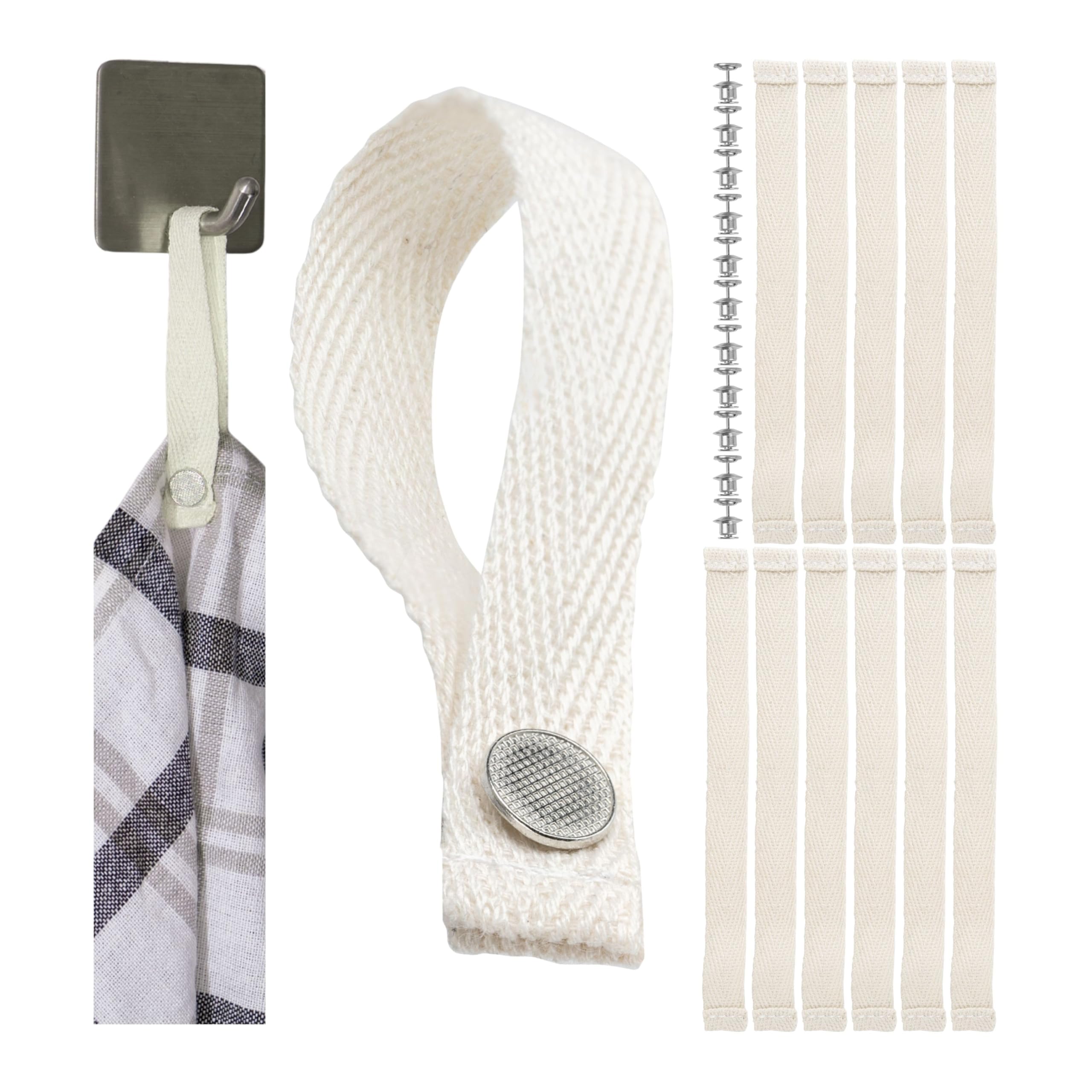 Sew-free hanger for textiles, 12 pack, 150 x 12 mm loops, in white, made of cotton, with pin-button fastener, hanger tabs for tea towel, bath towel, cloth, decorative items, camping