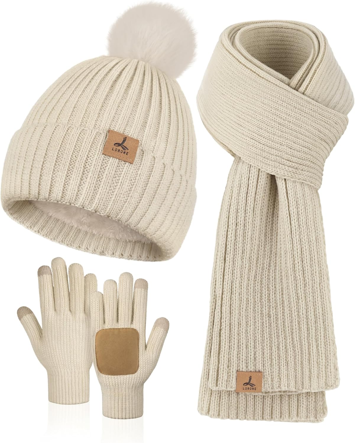 LOROME Women Winter Beanie Hat Scarf Gloves Set, Fleece Knitted Pompom Hat Warm Neck Scarf Touchscreen Gloves Winter Gift LOROME Women Winter Beanie Hat Scarf Gloves Set, Fleece Knitted Pompom Hat Warm Neck Scarf Touchscreen Gloves Winter Gift