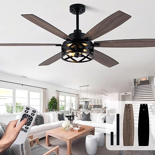 Miniatura 13 de Ventilador de techo de 52 pulgadas con luz y control remoto, ventilador de techo industrial silencioso y reversible, motor de corriente continua,