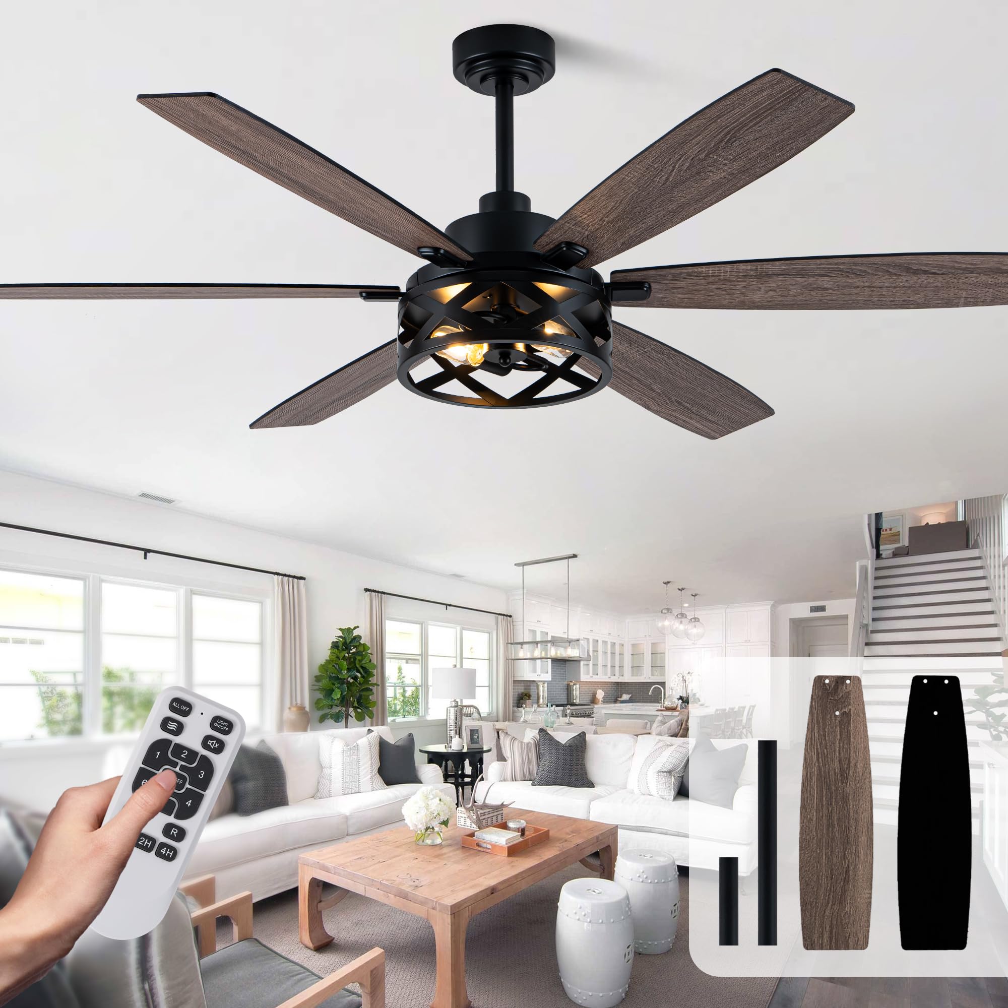 60" Black Farmhouse Rustic Caged Chandelier Fan with Light