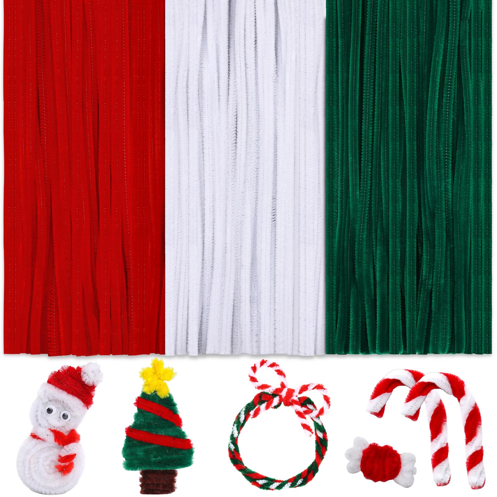 Zlulary Christmas Pipe Cleaners, 300 Pcs Chenille Stems Fuzzy Stick Craft Supplies for DIY Project Christmas Decorations (Red, White, Green)