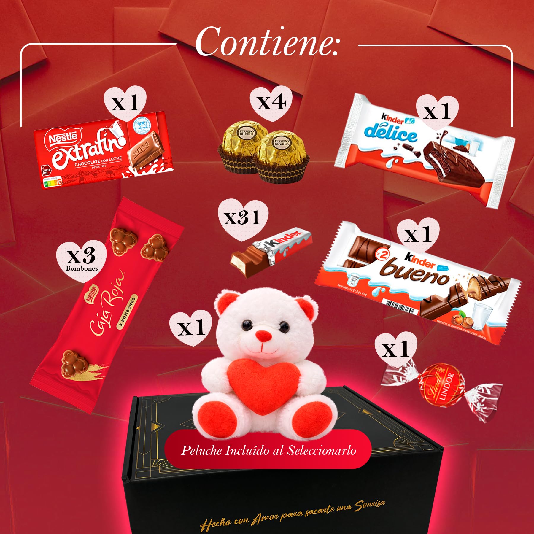 Corazón Sorpresa Regalo Dia del Padre con +40 Bombones y Chocolates – Ferrero Rocher, Lindt Lindor, Caja Roja, Kinder – Tarjeta Personalizada y Presentación Especial