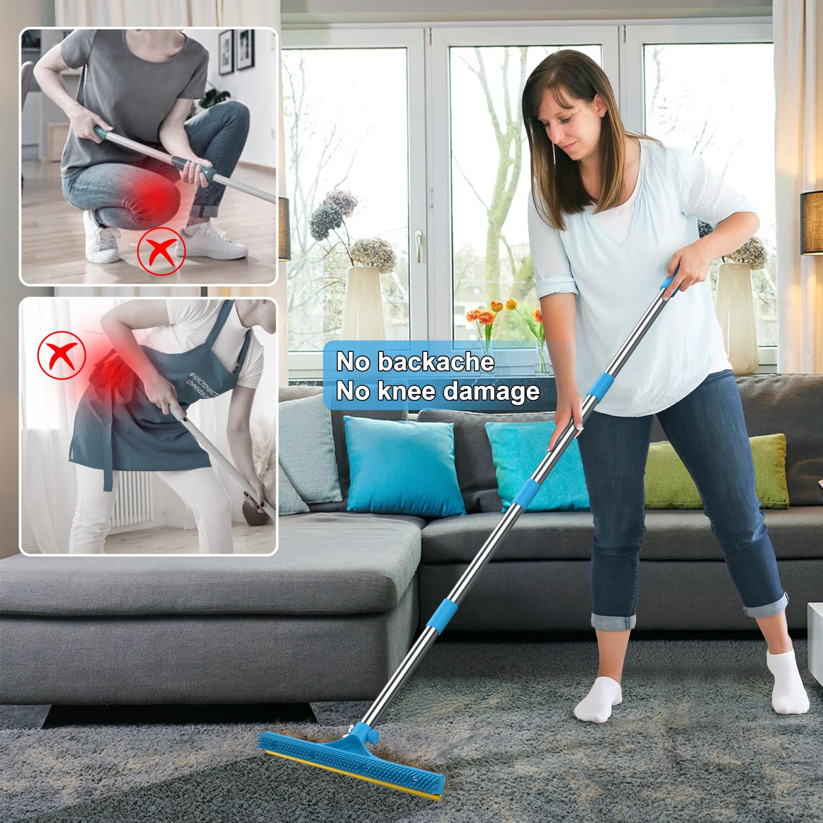 3 in 1 Carpet Rake for Pet Hair Removal, Reusable Pet Hair Remover Broom, 60'' Adjustable Long Handle Dog and Cat Hair Remover Tool Set of 3, Lint Remover Scraper for Carpets, Rugs, Mats, Couch, Car - image 3