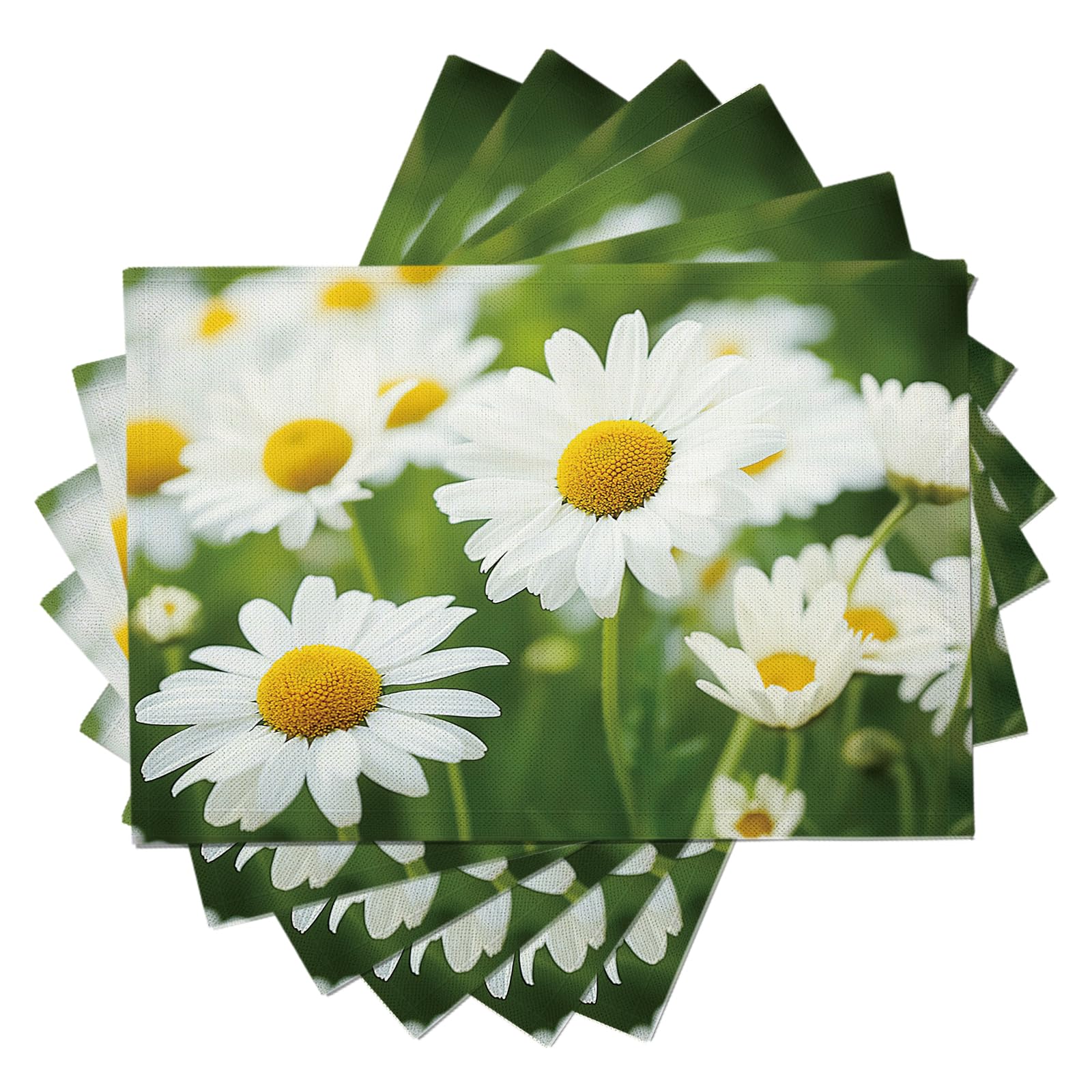 30×45cm Tovaglietta Americana Fiori eleganti in Cotone Lino Rettangolare - Tovagliette Set di 8 Campo di margherite bianche Resistente al Calore per La Cucina, Il L'Ufficio