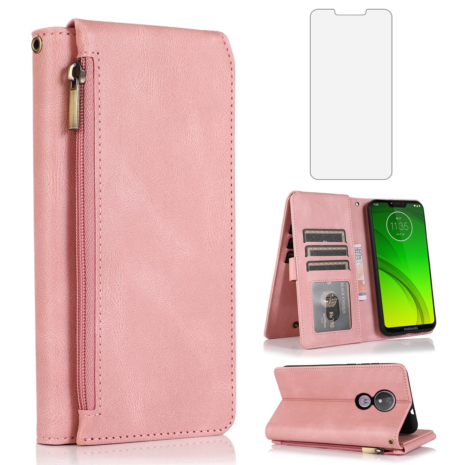 Asuwish Handyhülle für Motorola Moto G7 Power Hülle mit Band Folie Schutzfolie Kartenfach Klappbar Leder Geldbörse Ständer G7Power Handy Hüllen Schutzhülle Reißverschluss Wallet Phone Case Roségold