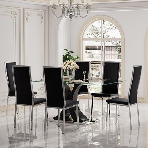 Miniatura 14 de Moderno juego de mesa de comedor rectangular de vidrio para 4, 63 pulgadas, mesa transparente de cocina de lujo con base negra y plateada, 4 sillas