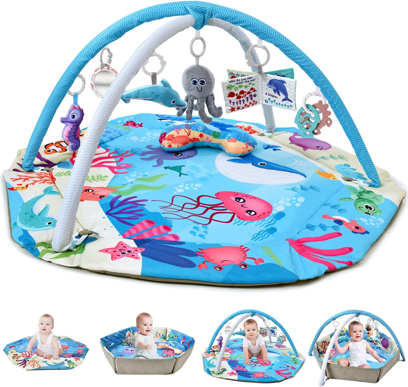 Baby Gym Play Mat, 8-in-1 Tummy Time Mat & Activity Gym, Washable Ball Pit, Infant Play Mat with Detachable Toys for Sensory Exploration and Motor Skill Development