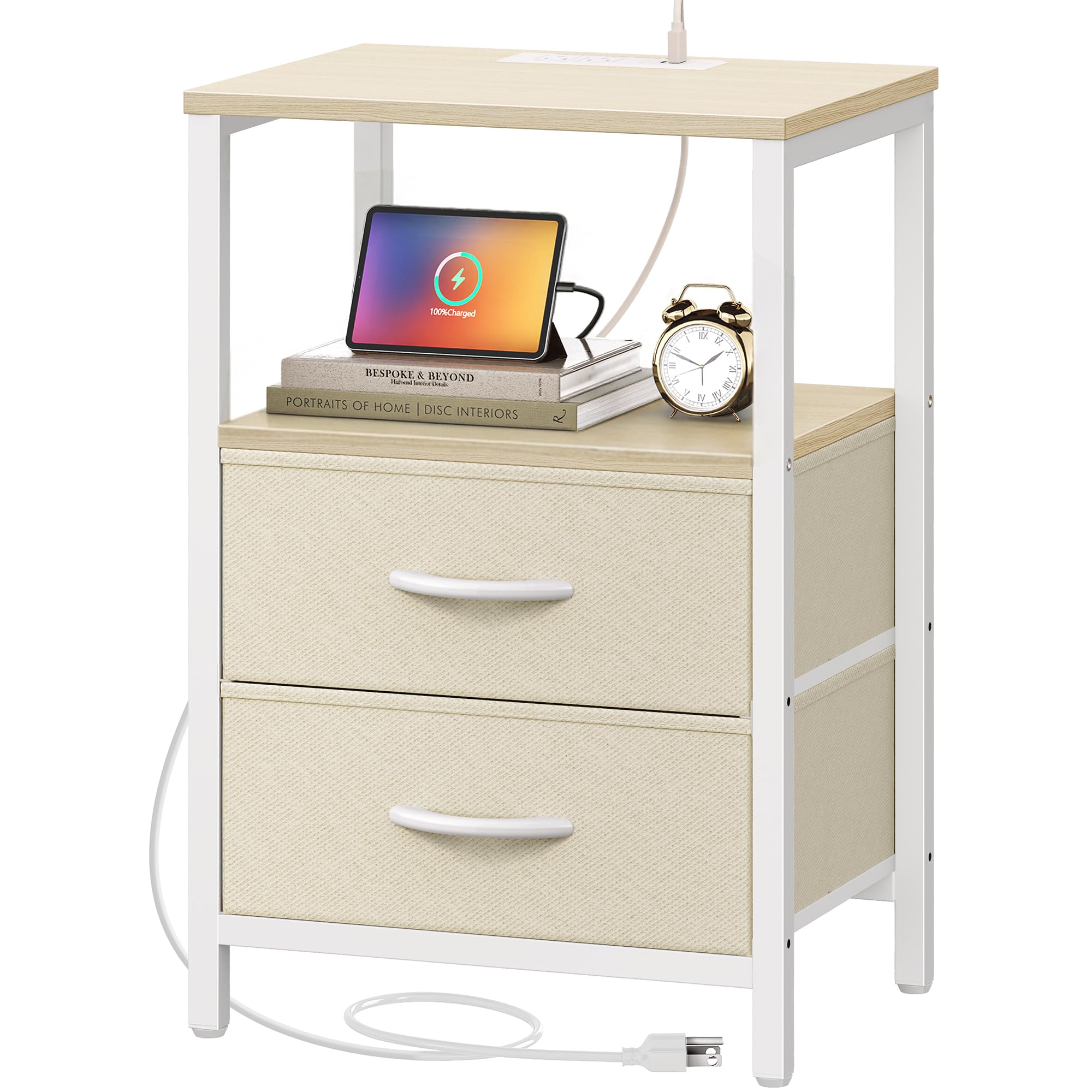 Huuger Nightstand with Charging Station, Side Table with Fabric Drawers, End Table with Open Shelf, Bedside Table with USB Ports and Outlets, Night Stand for Bedroom, White Marple