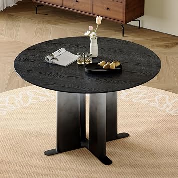 47.3 Round Dining Table, Modern Black Engineered Wood Dining Table with Sculptural Pedestal Base, Circular Kitchen Table for 46 People, 30 Height