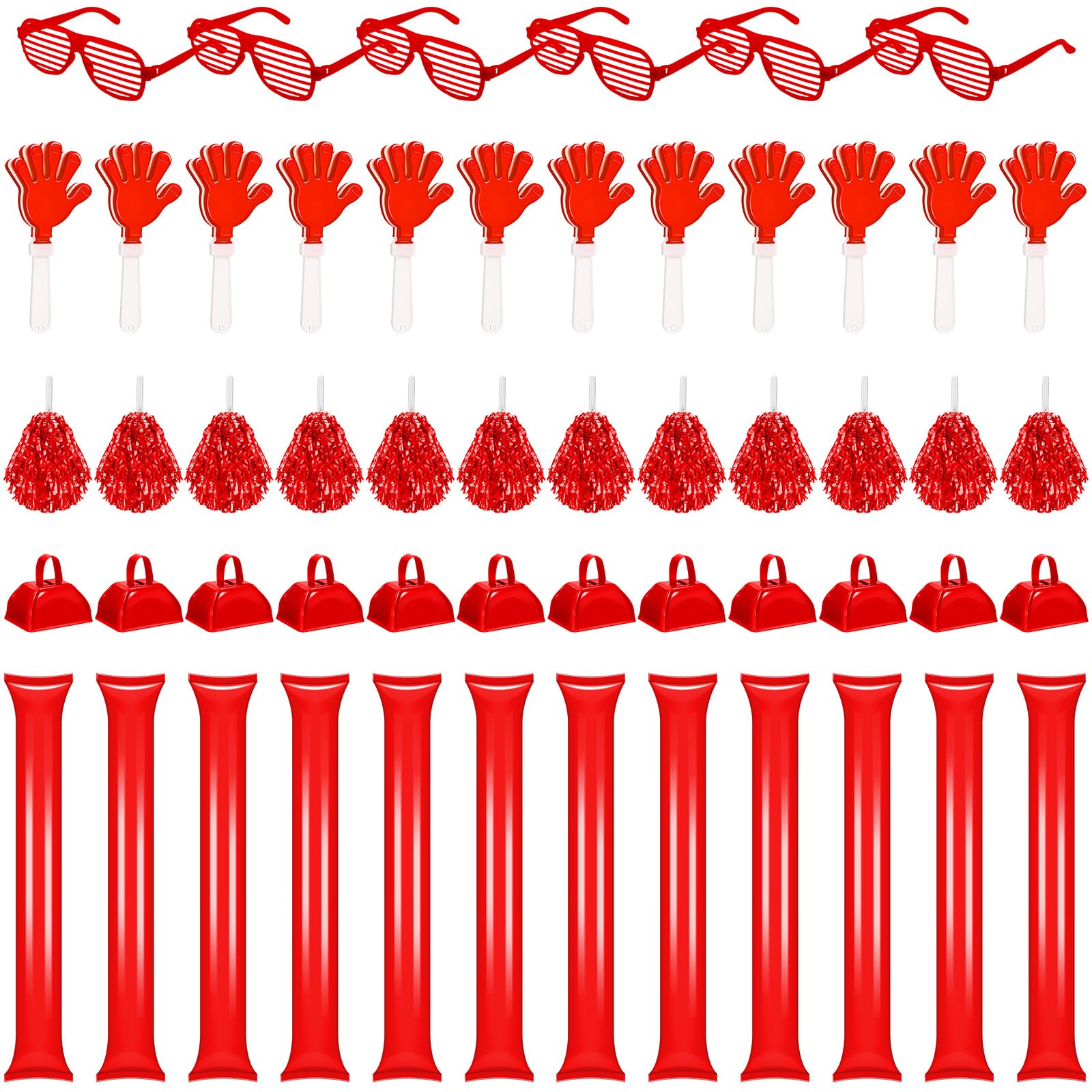 54 Pcs Red School Spirit Bulk Set Includes 12 Cheerleading Pompoms 12 Hand Clappers 12 Inflatable Thunder Sticks 12 Cow Bells and 6 Plastic Shutter Glasses for Sports Events Party Favors