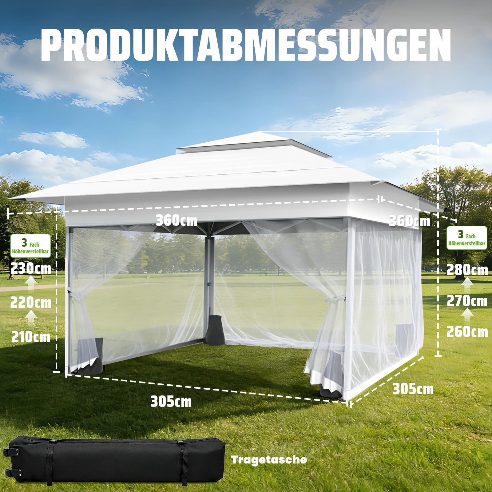 4x4m Pop-Up Pavillon,Faltpavillon mit Moskitonetz,Rollen Tragetasche,Weiß | Gartenpavillon Faltbar mit Sandsäcke Stabil,Wasserdicht,UV Schutz 50+,Belüftetes,Partyzelt für Garten Party Festival