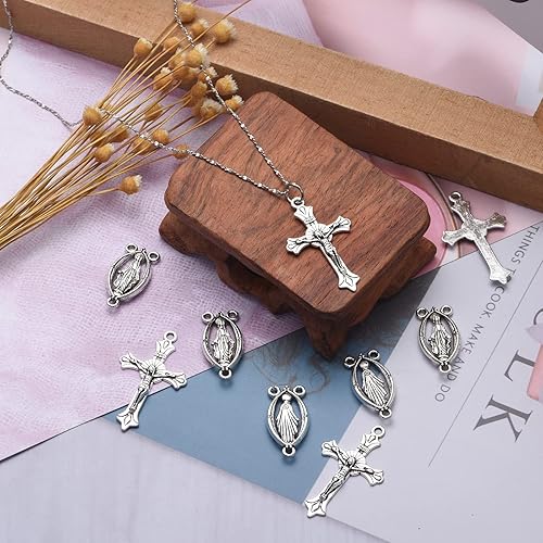 Vista 8 de 30 piezas/15 juegos de kits de rosario de aleación, medallas con cruz y centro, dijes ovalados, Jesús, María, eslabones católicos, colgantes