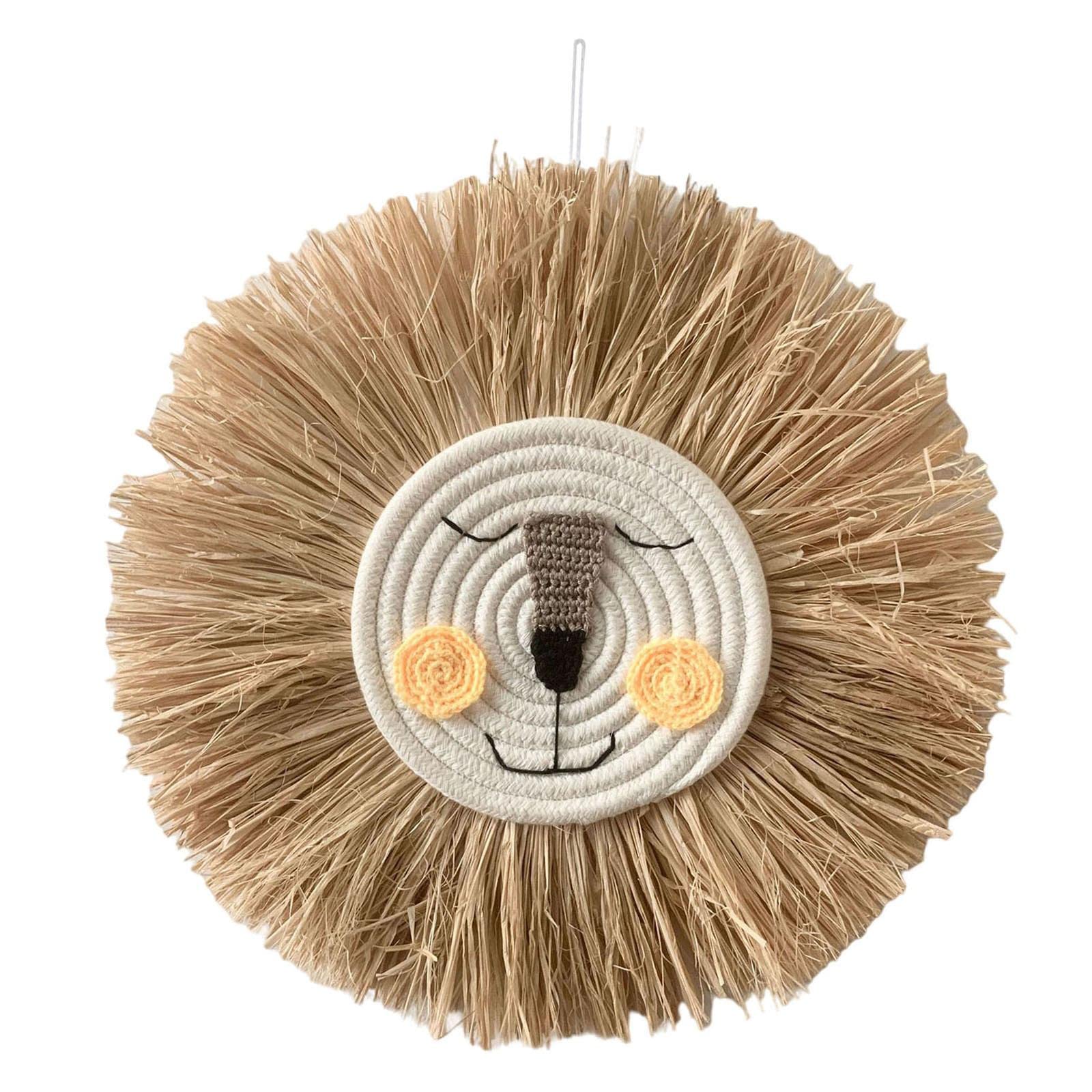 Tête animal artisanale lion en paille et coton décoration murale chambre bébé salon