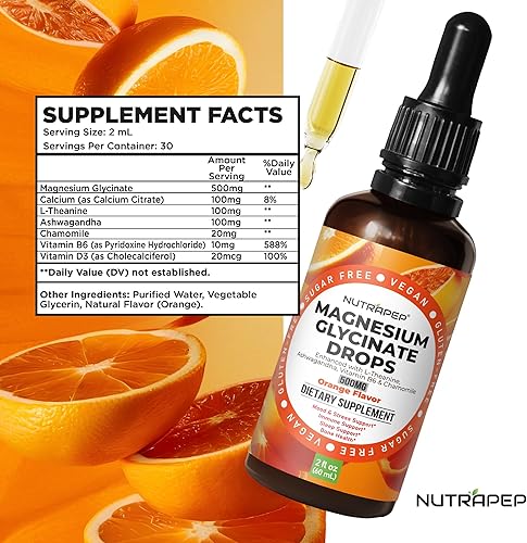 Miniatura 6 de NutraPep Suplemento líquido de gotas de glicinato de magnesio  Complejo de cortisol de 500 mg con L-teanina Ashwagandha Vitamina B6 Manzanilla