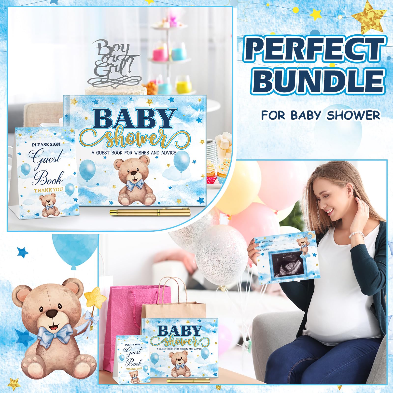 Fuyoooo Zestaw księgi gości na baby shower, niebieski, niedźwiedź, baby shower, 27 szt