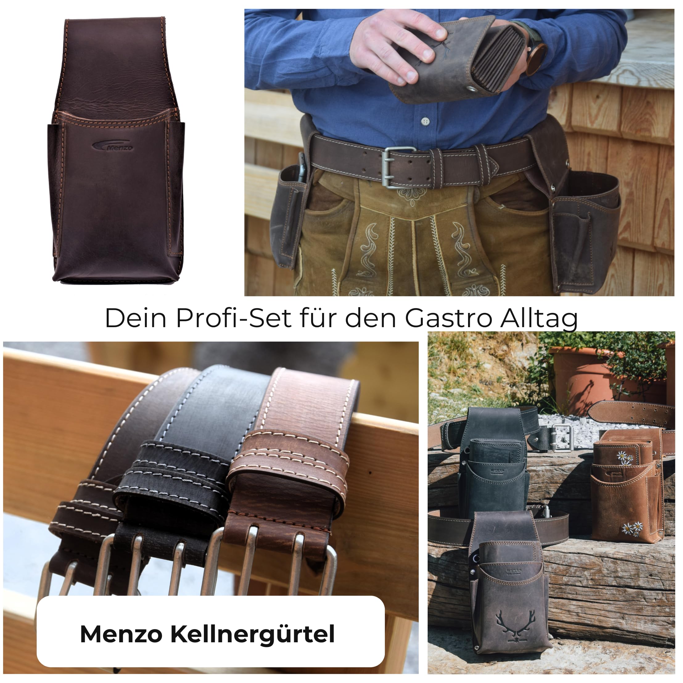 Menzo Ensemble de serveur professionnel GARANTIE 12 MOIS ! Bourse pour serveur Cuir Double Couture différents Coloris et Motifs