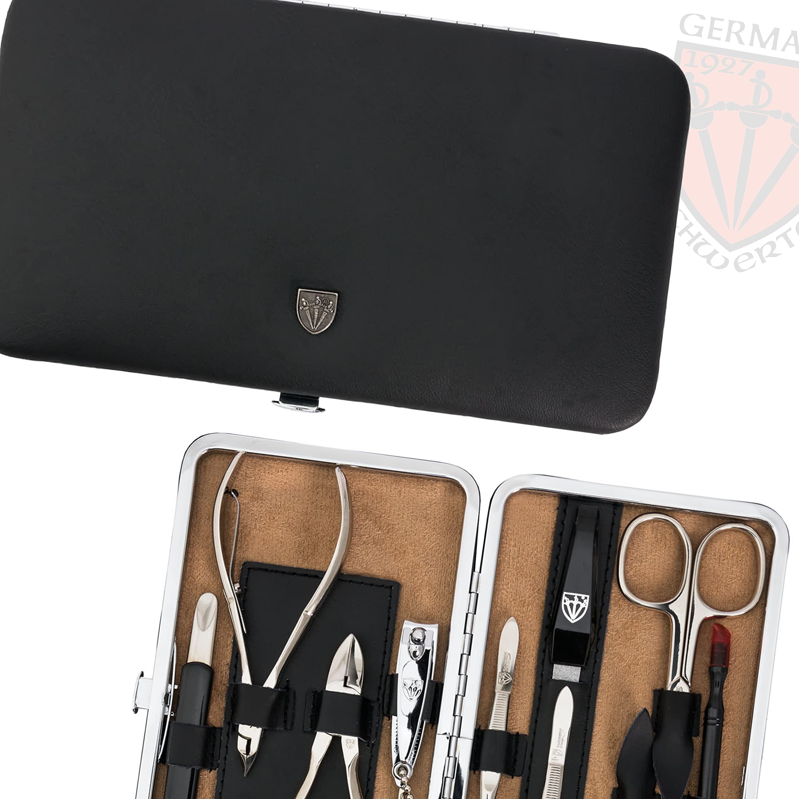 3 miecze - 10 sztuk etui do manicure i pedicure, wykonane z autentycznej skóry, gatunek: wyprodukowano w Solingen