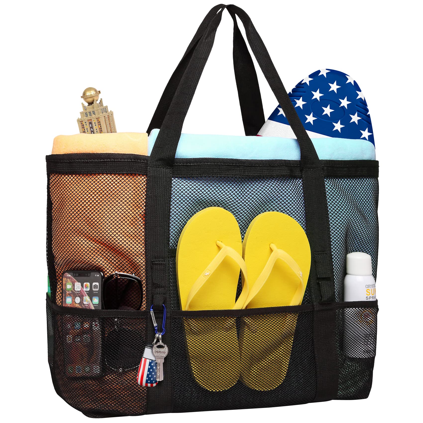 Packism Mesh Beach Bag-Tote for Women 9 Pockets Beach Toy Bag, Black