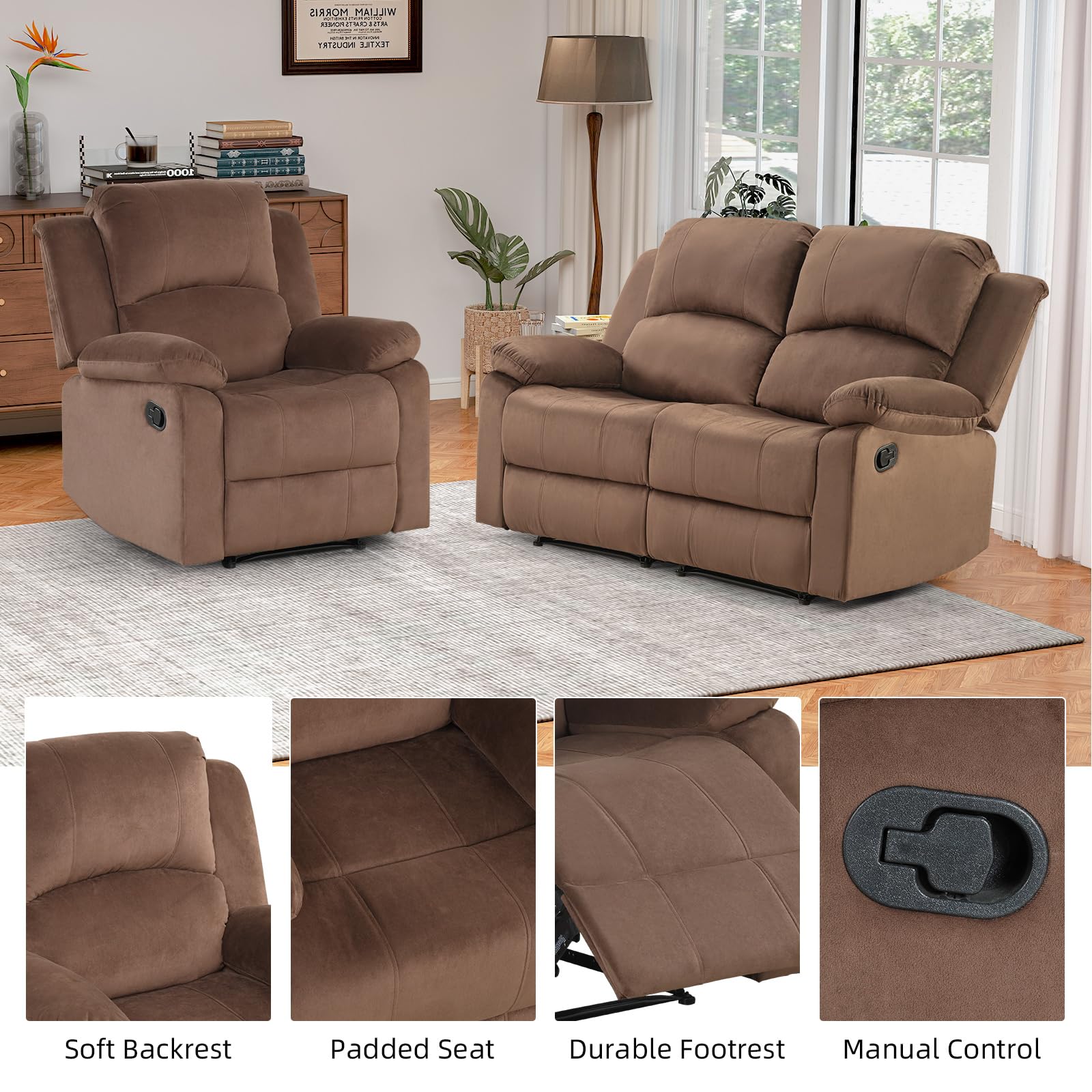 EBELLO Manual Reclining Couch Set for Living Room, Include 1 Recliner Chair, 1 Loveseat Sofa, Recliner Sofa Furniture Set for Home and Office, Brown view 3