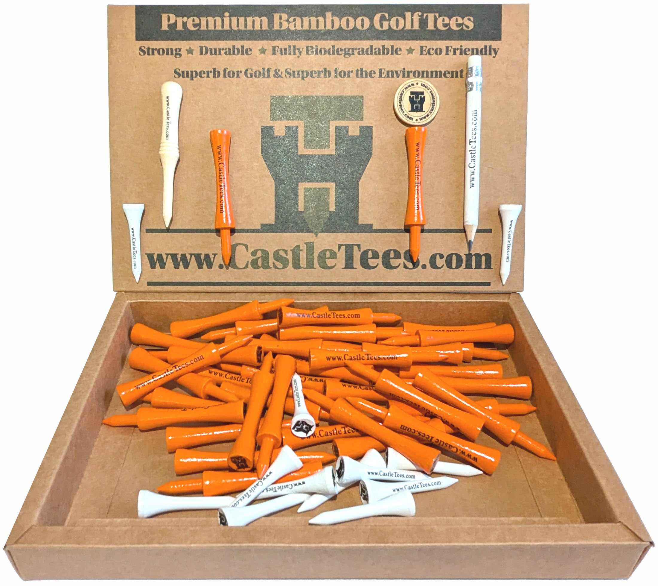Castle Tees Official Orange Box – 50 pcs x 70mm 2 ¾ inch Orange Premium Bamboo Golf Tees Free Pitch Repair Tool, Ball Marker & Pencil. Twice the Strength of Regular Bamboo Very Strong Great Golf Gift. — image 1