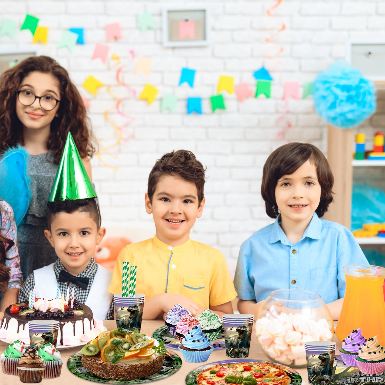 Dinosaur Birthday Party Supplies Kit – Tableware, Banner & Tablecloth For 16 Guests