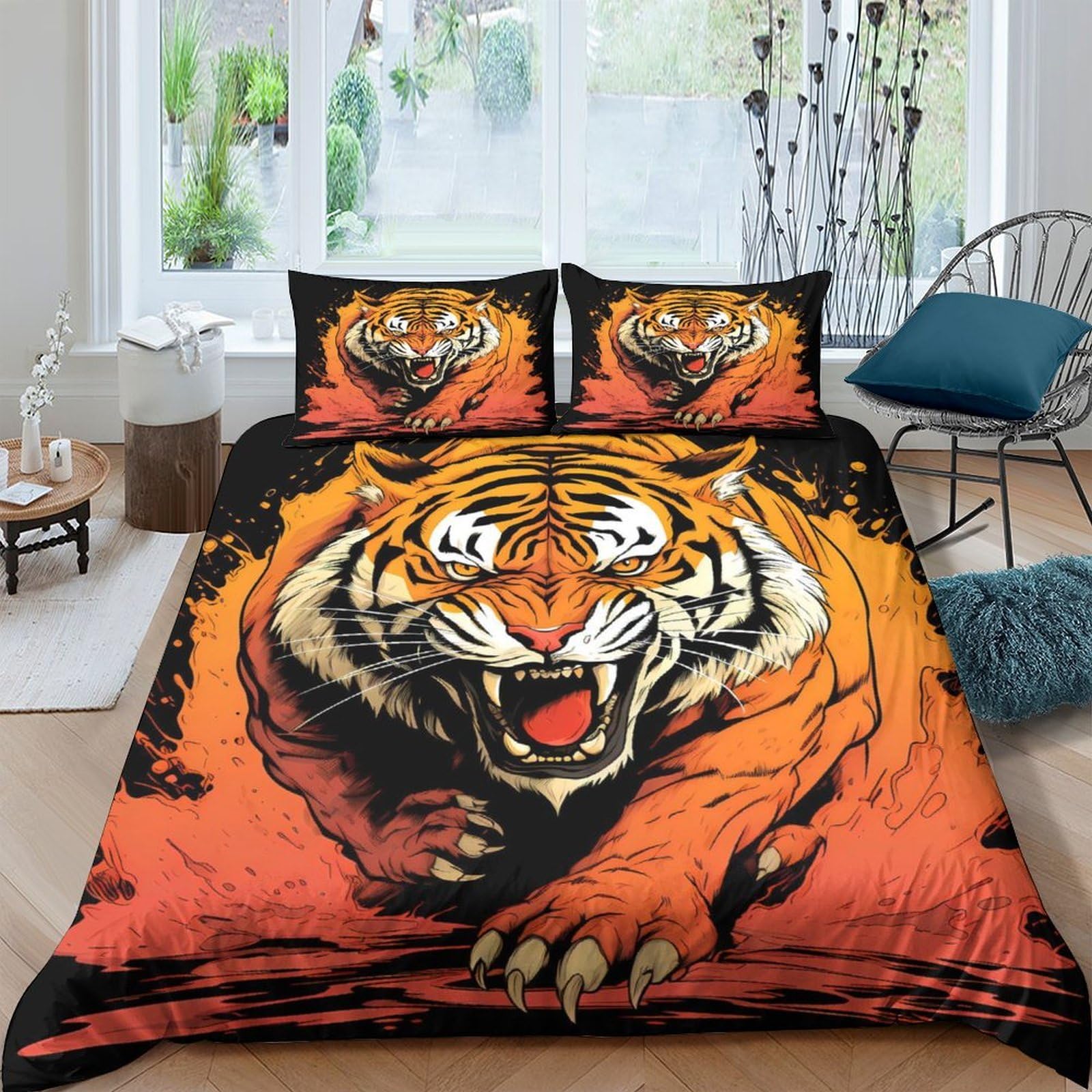 GPLZQXKJNH 3D Printed Tiger Animal Duvet Cover Microfiber Orange Wild Predator Bedding Set with 2 Pillowcases for Bedroom Decor Single（135x200cm）