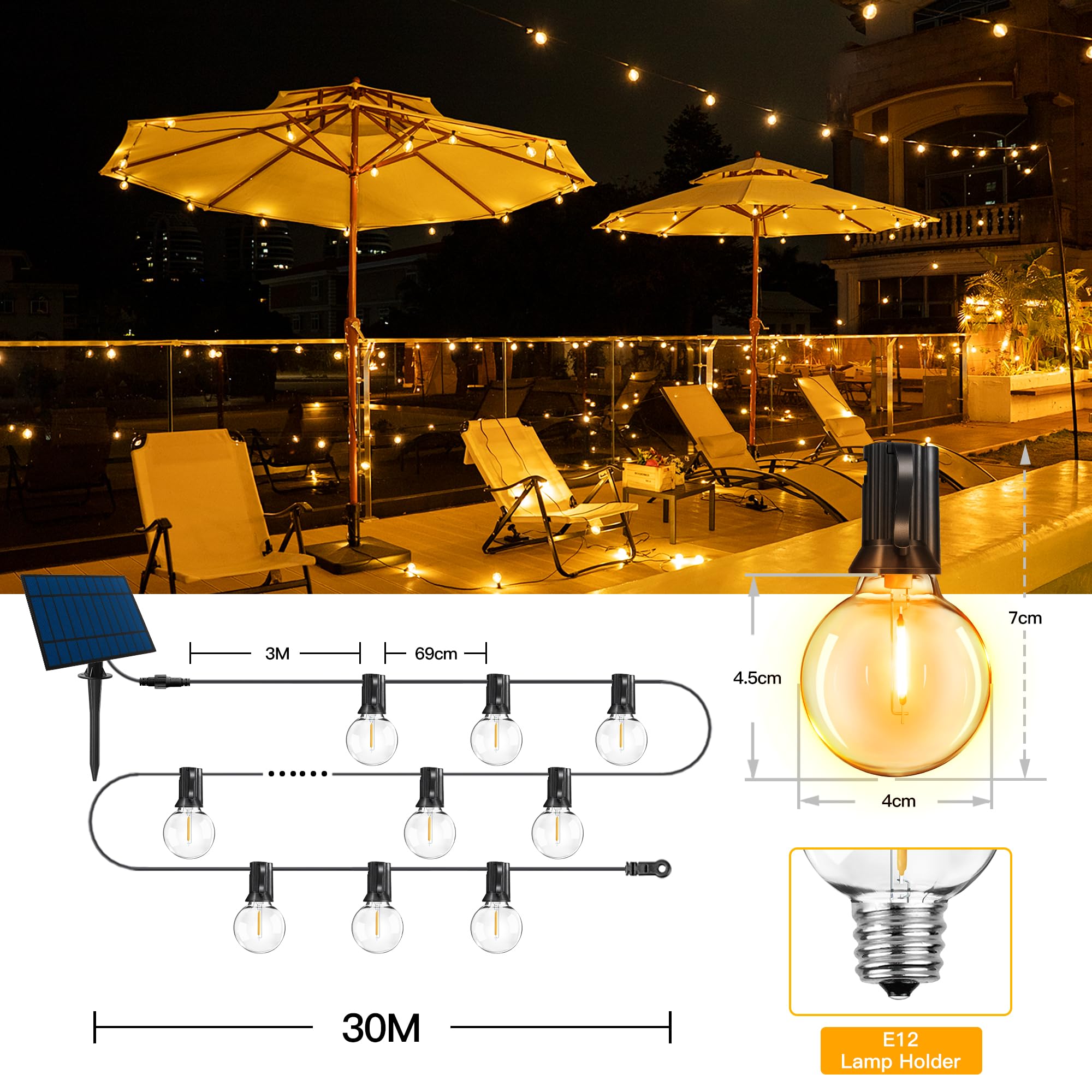 30 m Solarleuchten für den Außenbereich, wasserdichte Soffittenleuchten mit 40 + 2 bruchsicheren G40 Glühbirnen, 3 Modi, dimmbar, USB & solarbetriebene Lichterkette für den Außenbereich