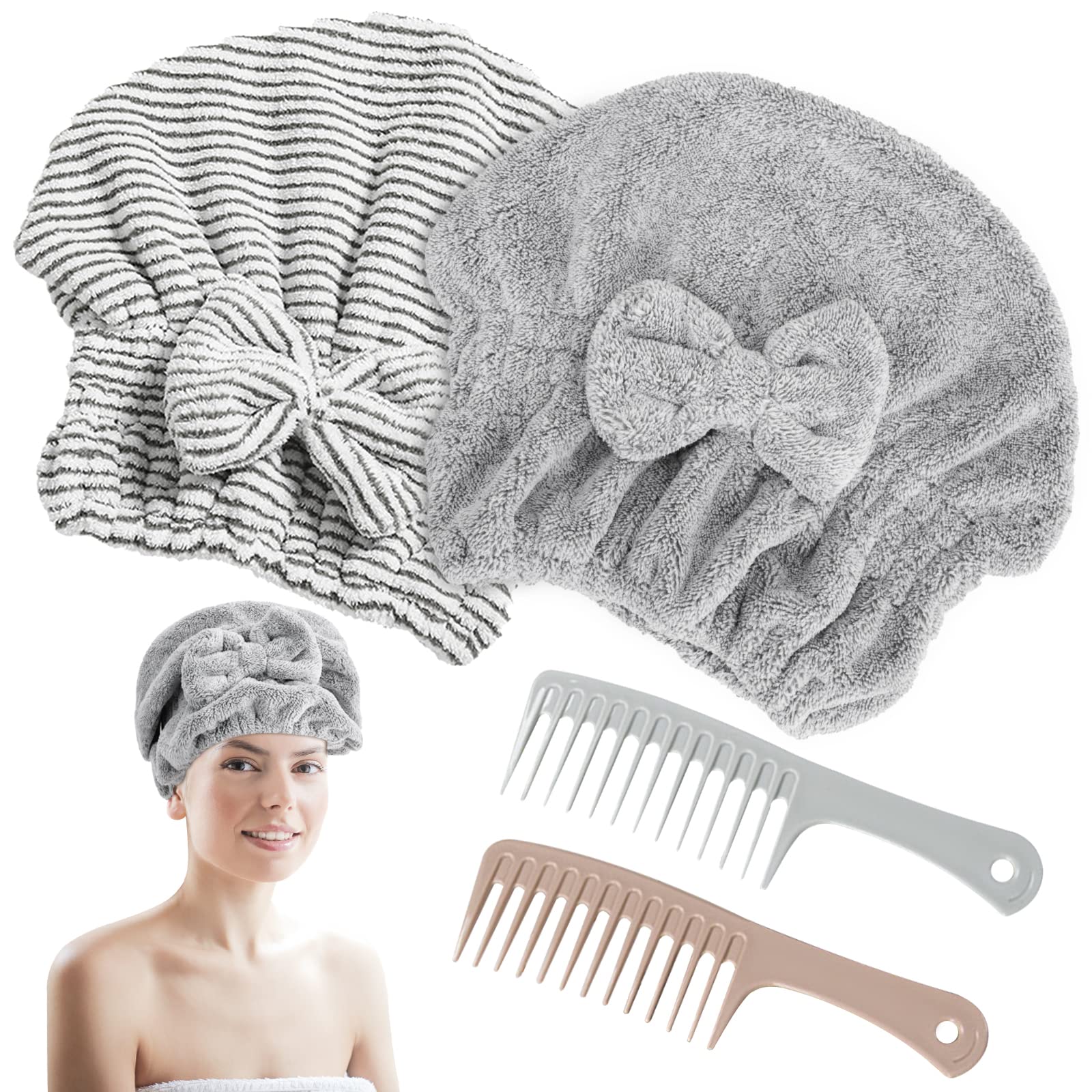 2 Pack Microfiber Hair Towel Cap, Quick Drying Cap