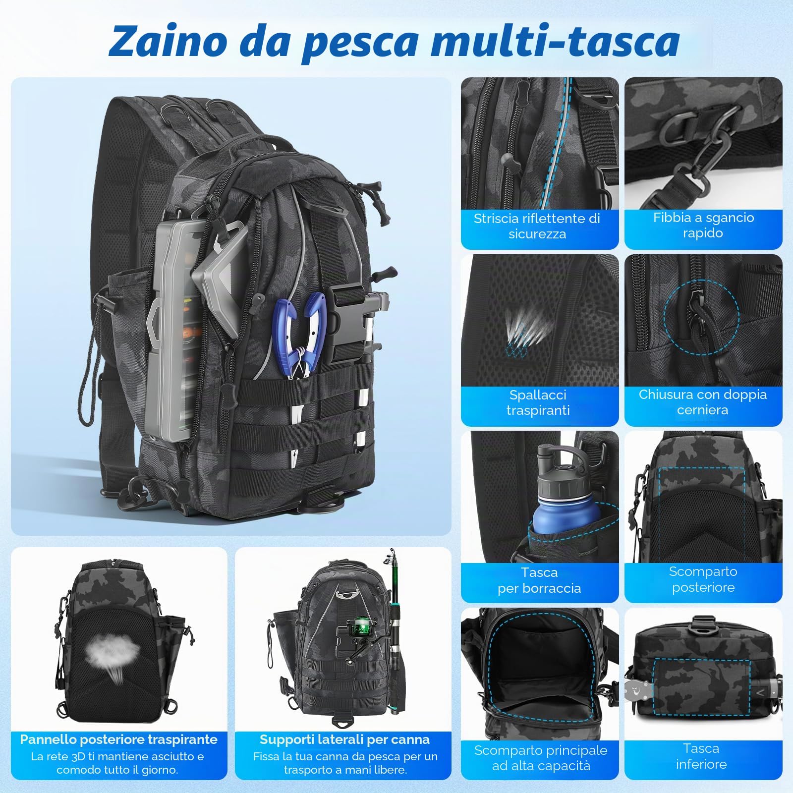 Set da pesca completo, 209 pezzi, zaino da pesca impermeabile da 40 l, con scatole, pinze da pesca, rimozione di ganci per pesca, campeggio, escursioni, pesca, scatole per esche e altro