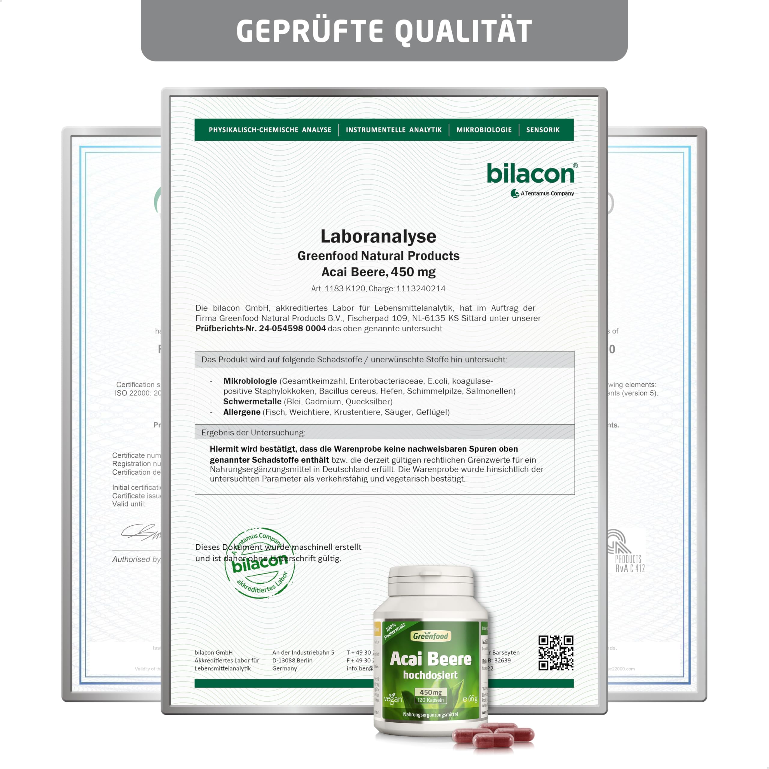 Acai Beere, hochdosiert, 450mg - 120 Kapseln, vegan. Hochwertiger Extrakt (30:1) - reich an sekundären Pflanzenstoffen. OHNE künstliche Zusätze - laborgeprüft. Von Greenfood.