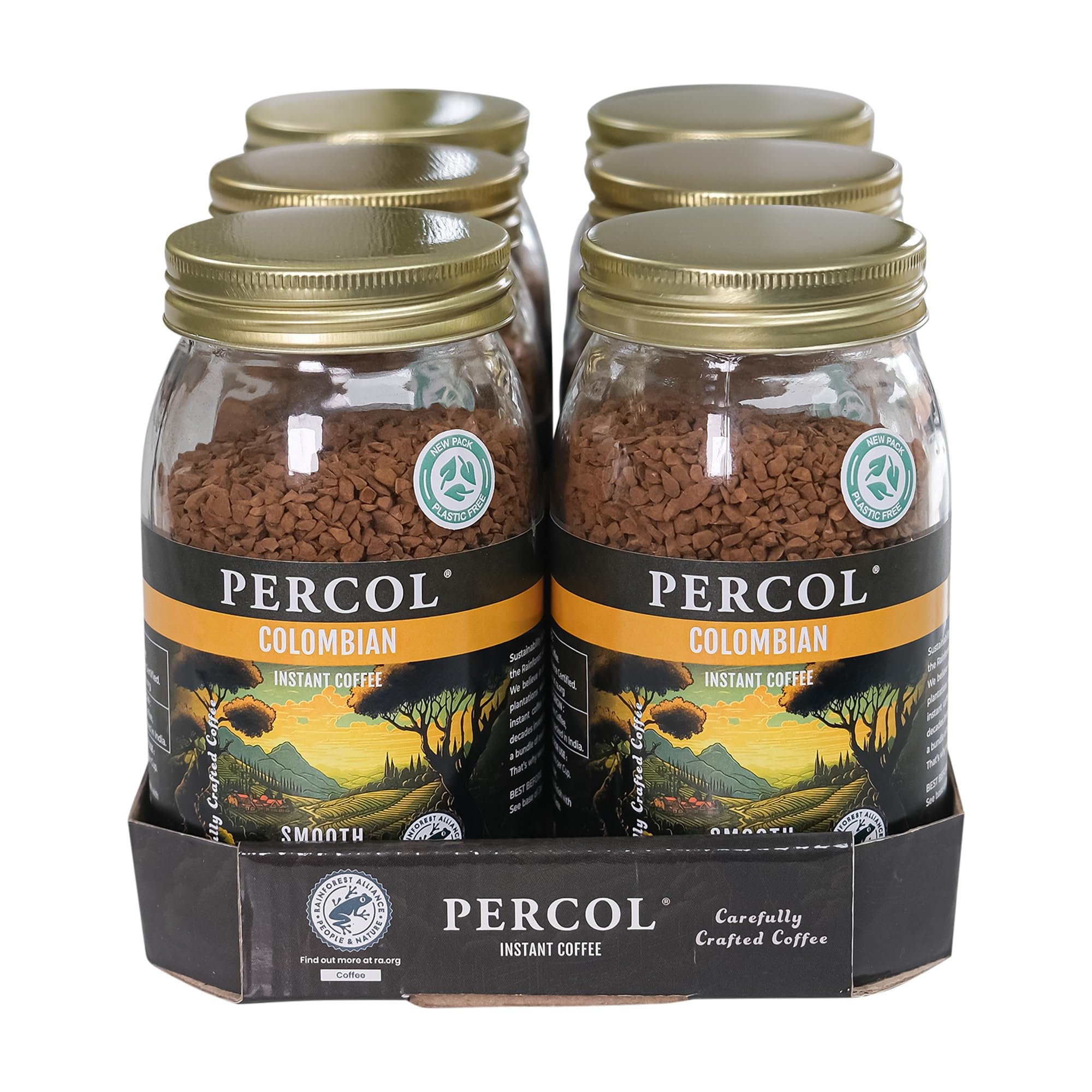 PERCOL SMOOTH COLOMBIA INSTANT COFFEE -- Easy Drinking Colombian Flavor, Aroma and Taste -- Fairtrade Certified 100% Arabica Beans Freeze-Dried Coffee - Lighter Strength Blend 6 Pk 3.5 oz