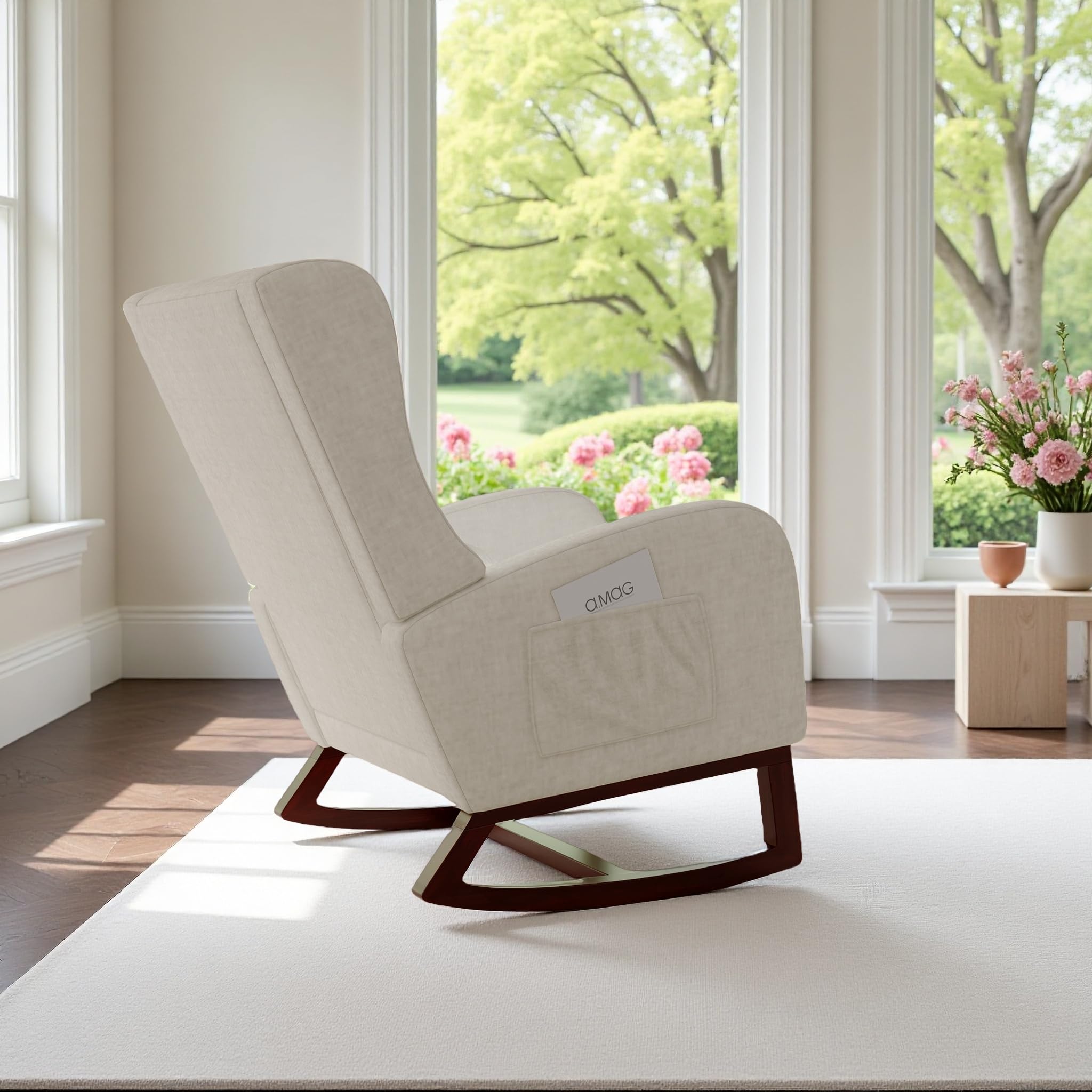 Mecedora de relax con reposapiés, sillón de lactancia, silla mecedora con respaldo alto, para salón, dormitorio, habitación de bebé, algodón y lino, beige